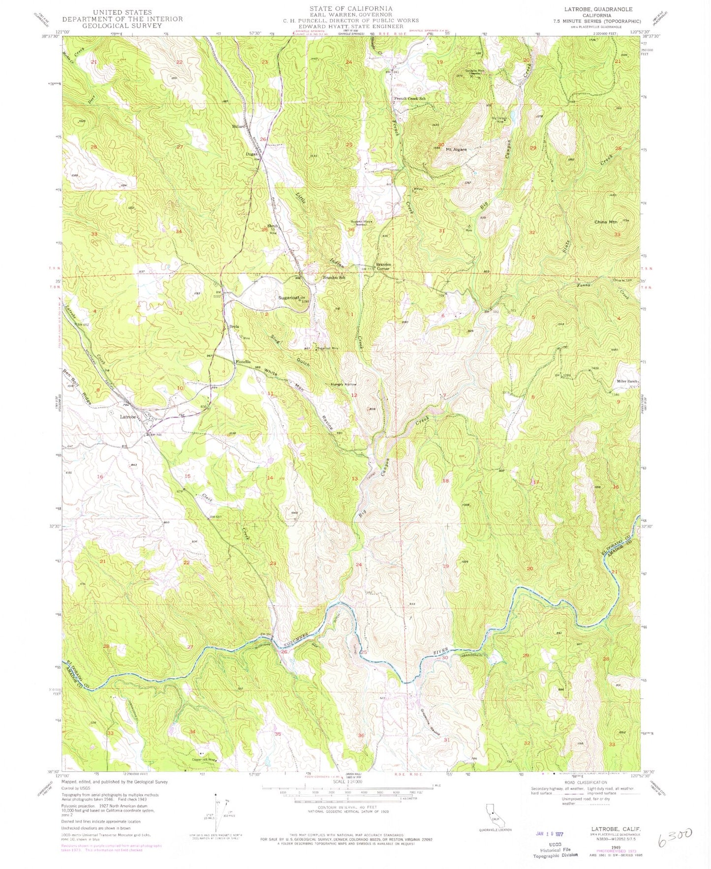 Classic USGS Latrobe California 7.5'x7.5' Topo Map Image