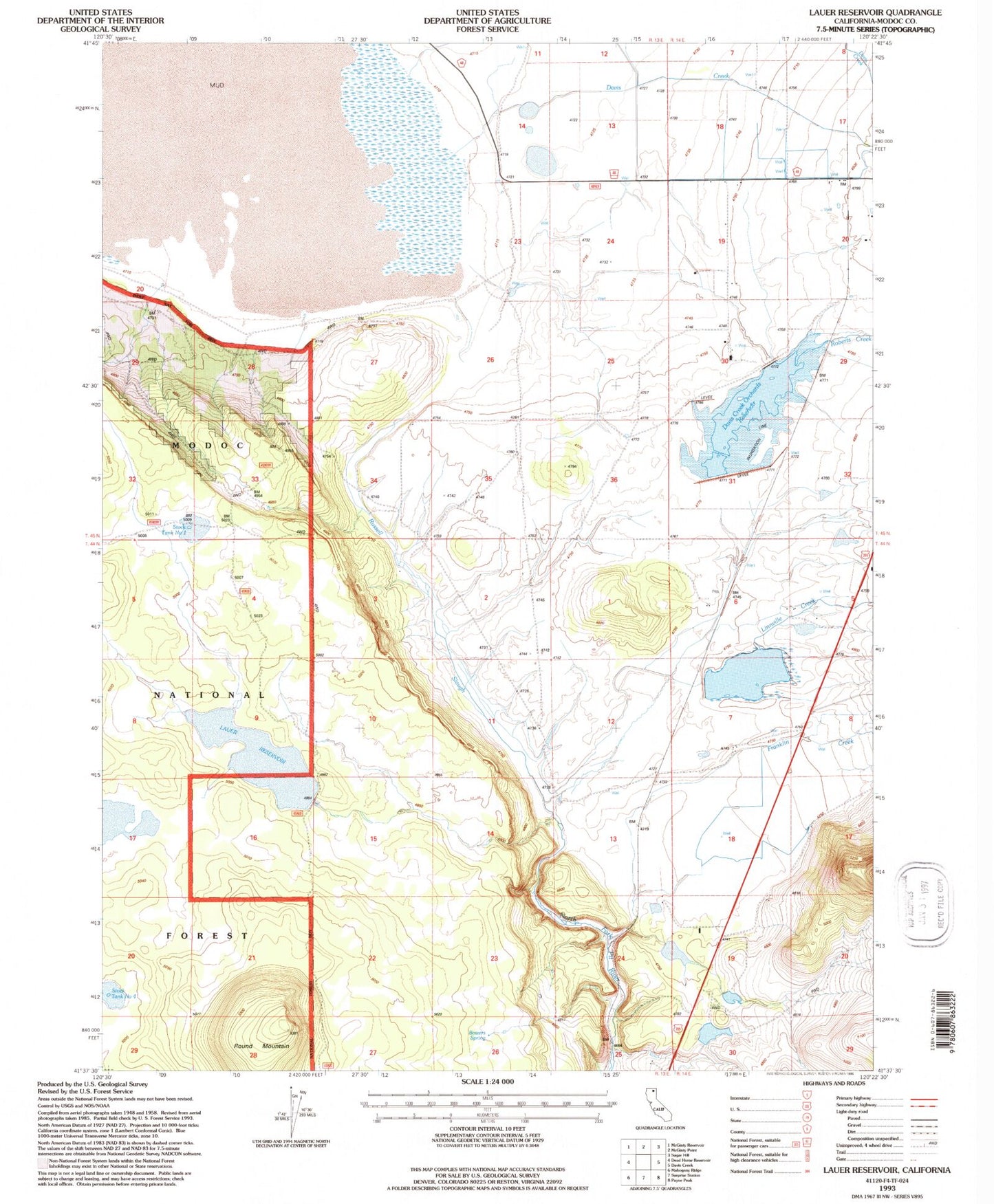 Classic USGS Lauer Reservoir California 7.5'x7.5' Topo Map Image