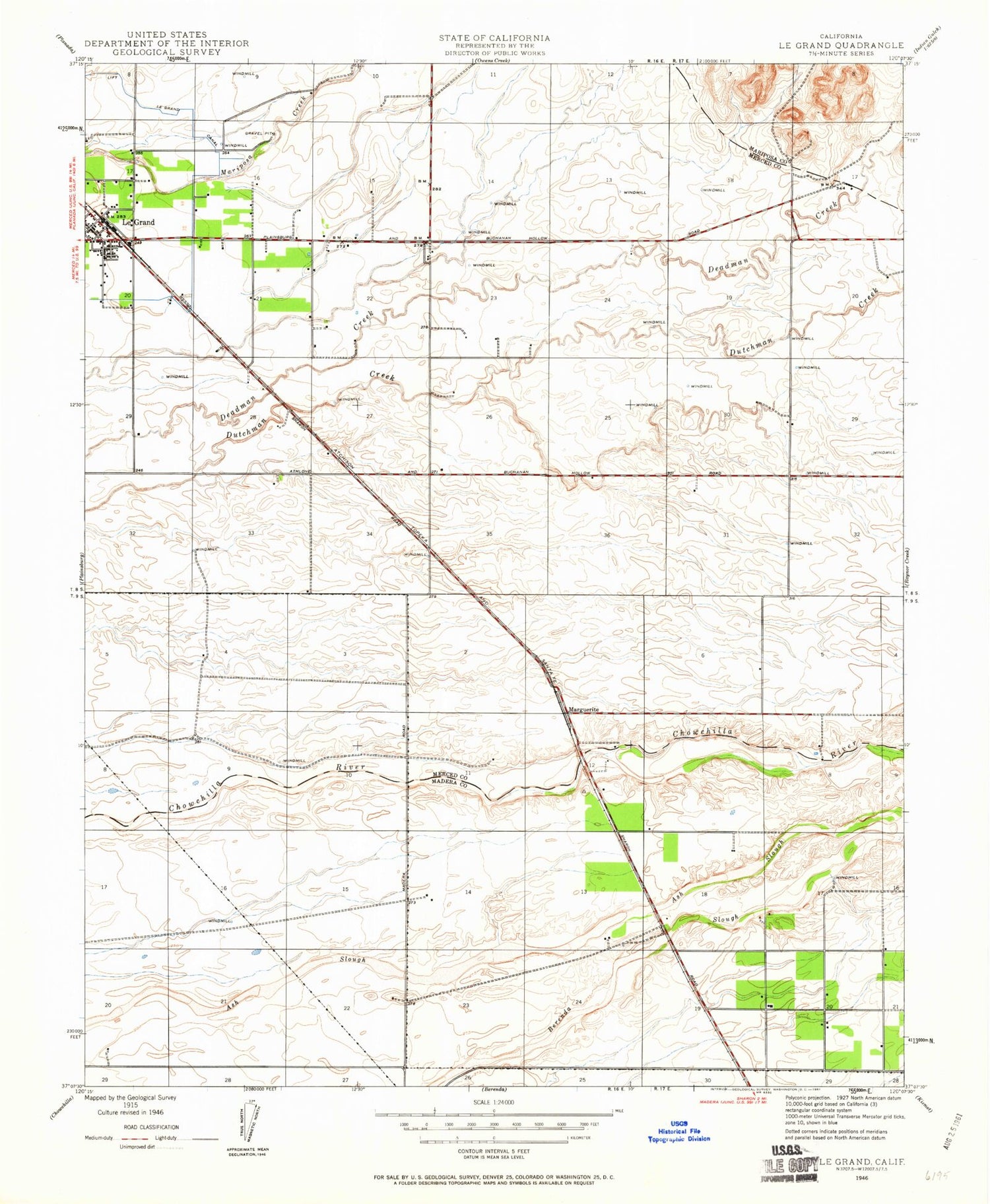 Classic USGS Le Grand California 7.5'x7.5' Topo Map Image