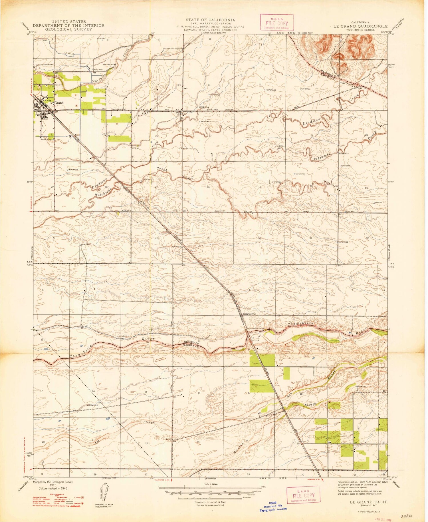 Classic USGS Le Grand California 7.5'x7.5' Topo Map Image