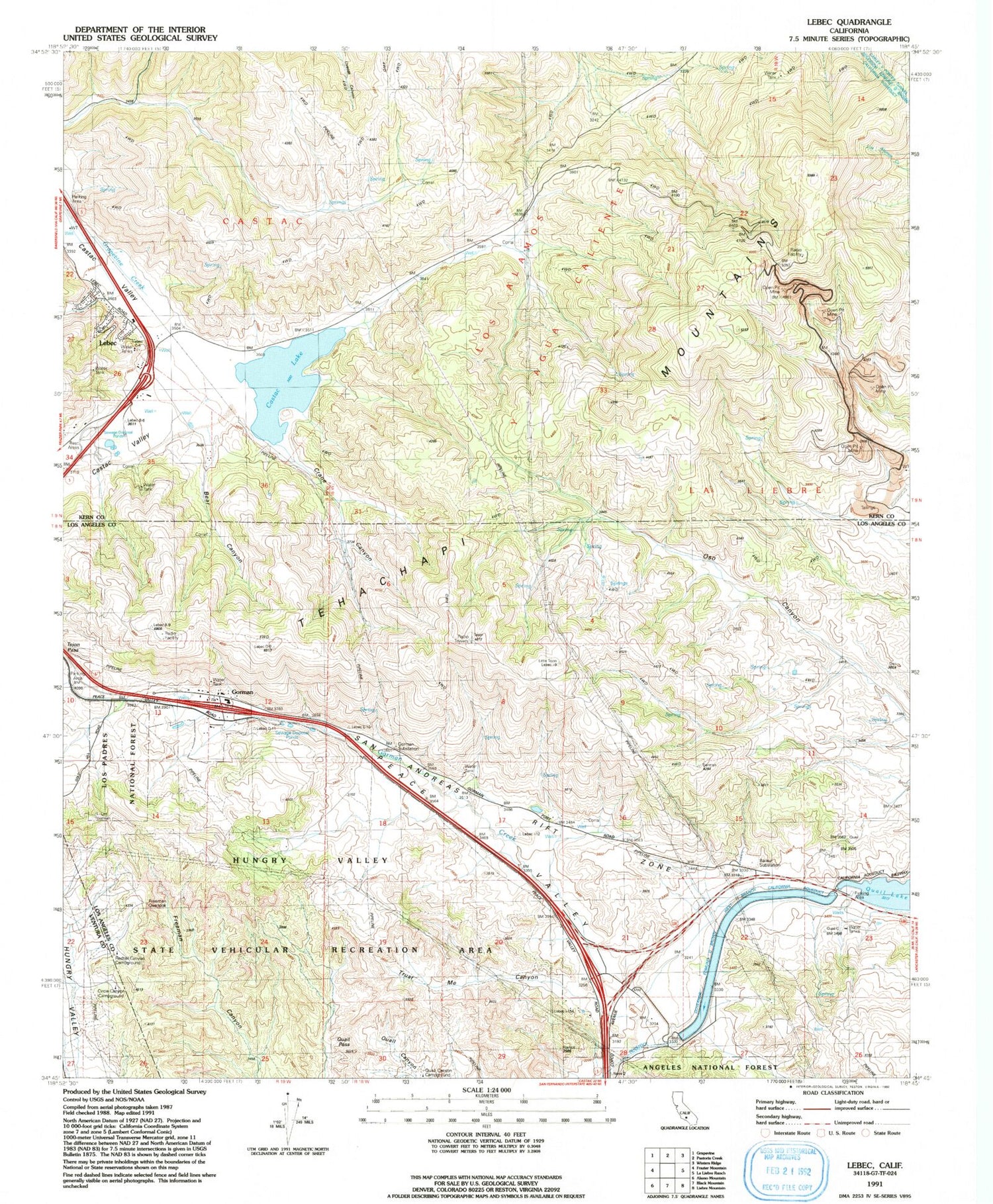 Classic USGS Lebec California 7.5'x7.5' Topo Map Image