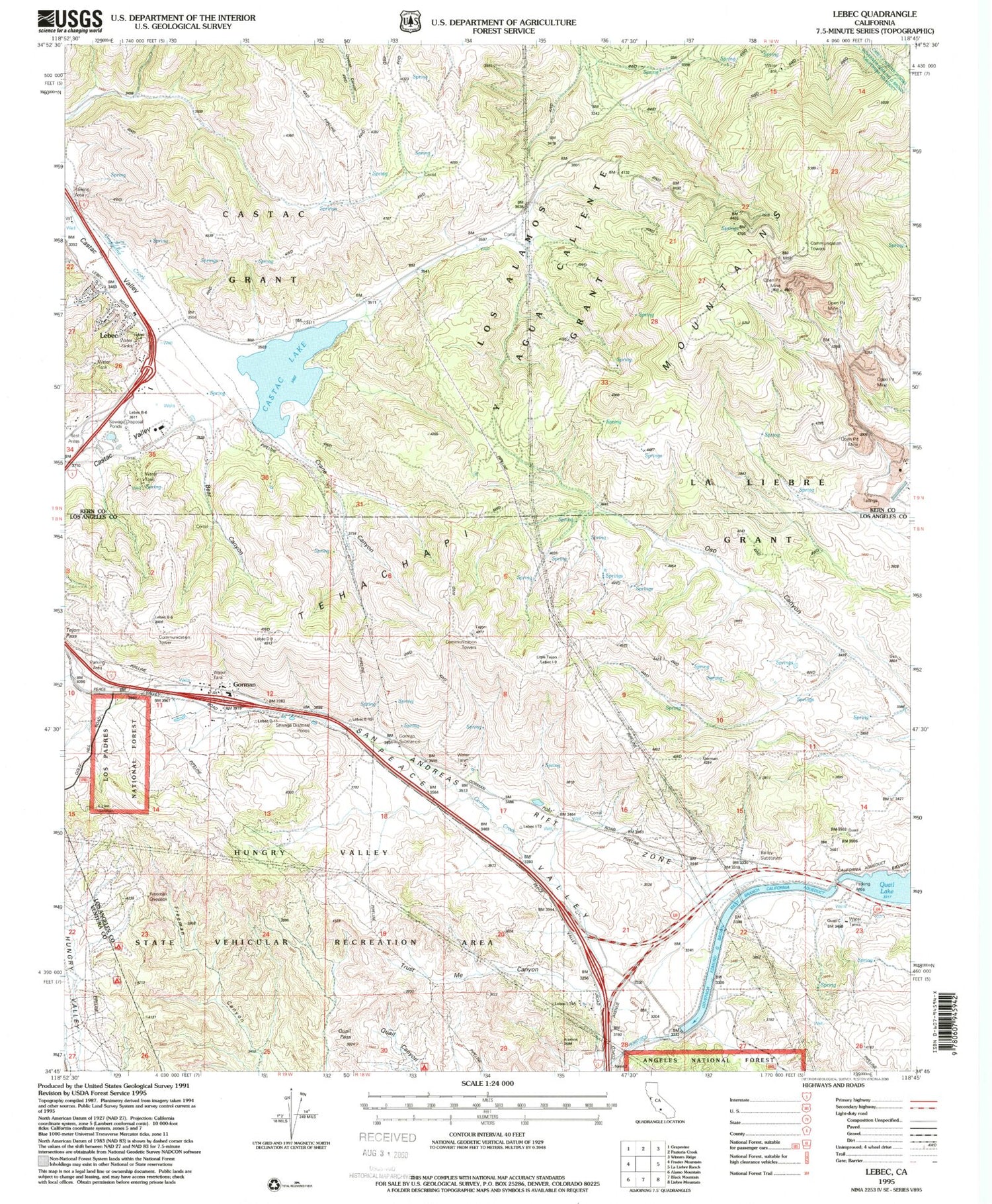 Classic USGS Lebec California 7.5'x7.5' Topo Map Image