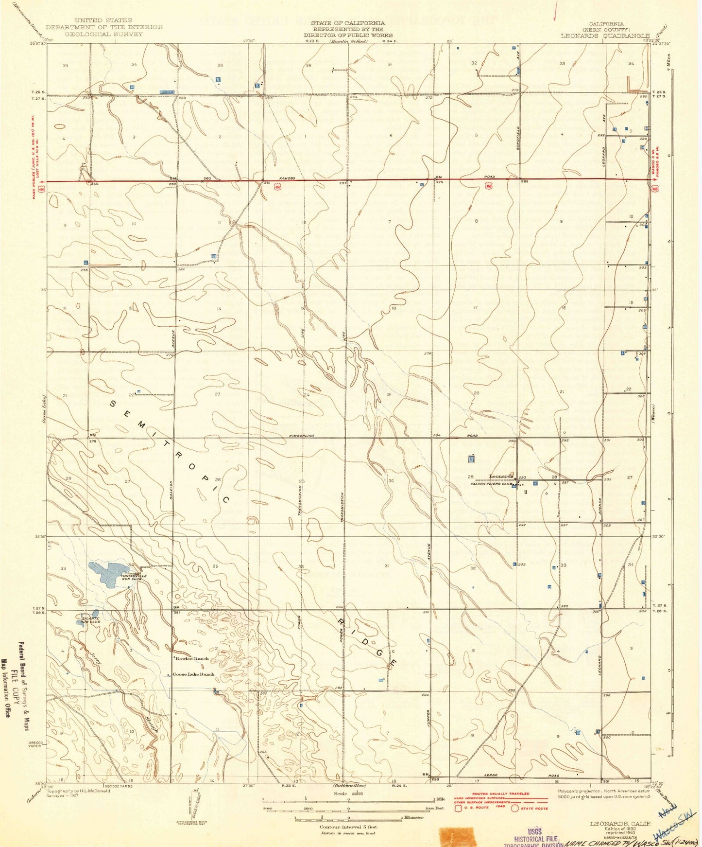Classic USGS Wasco SW California 7.5'x7.5' Topo Map Image