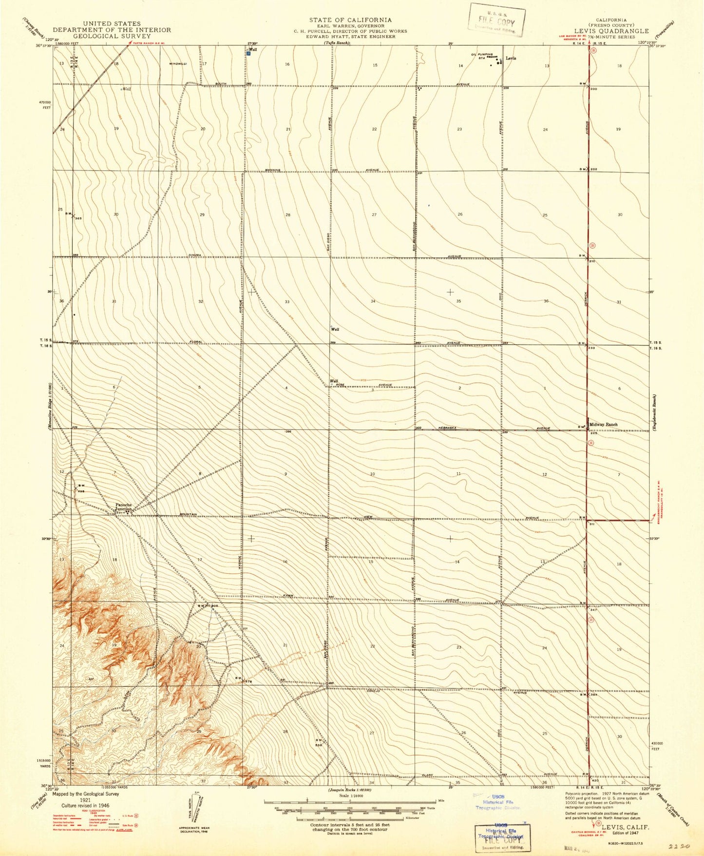 Classic USGS Levis California 7.5'x7.5' Topo Map Image