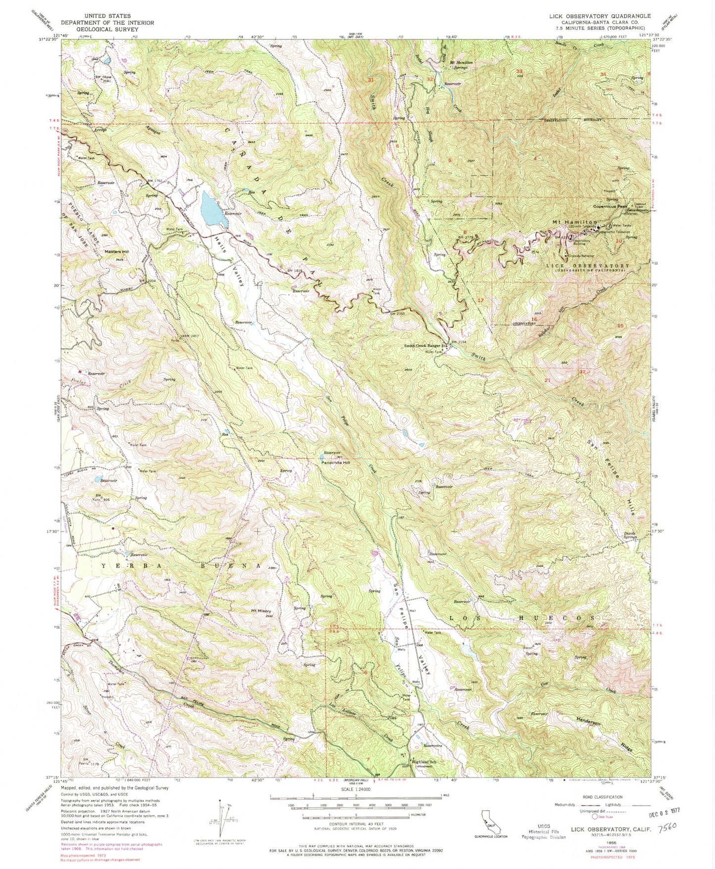 Classic USGS Lick Observatory California 7.5'x7.5' Topo Map Image