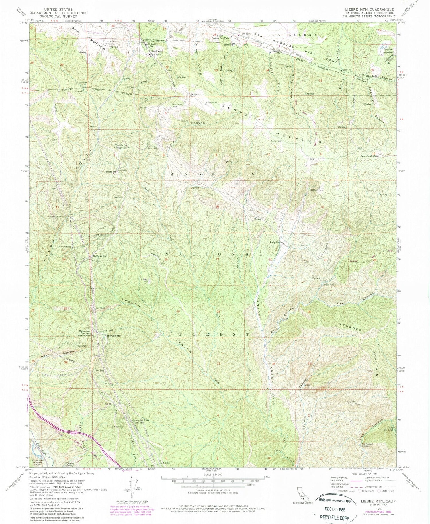 Classic USGS Liebre Mountain California 7.5'x7.5' Topo Map Image