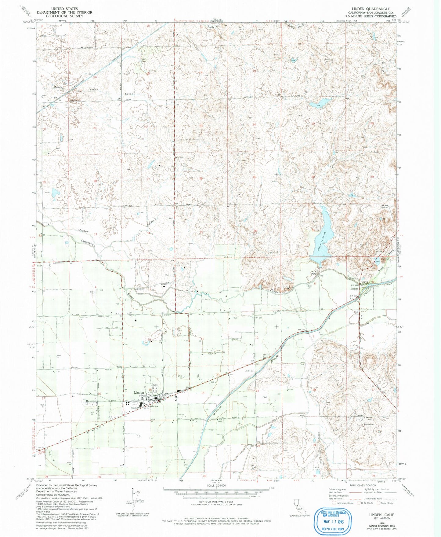 Classic USGS Linden California 7.5'x7.5' Topo Map Image