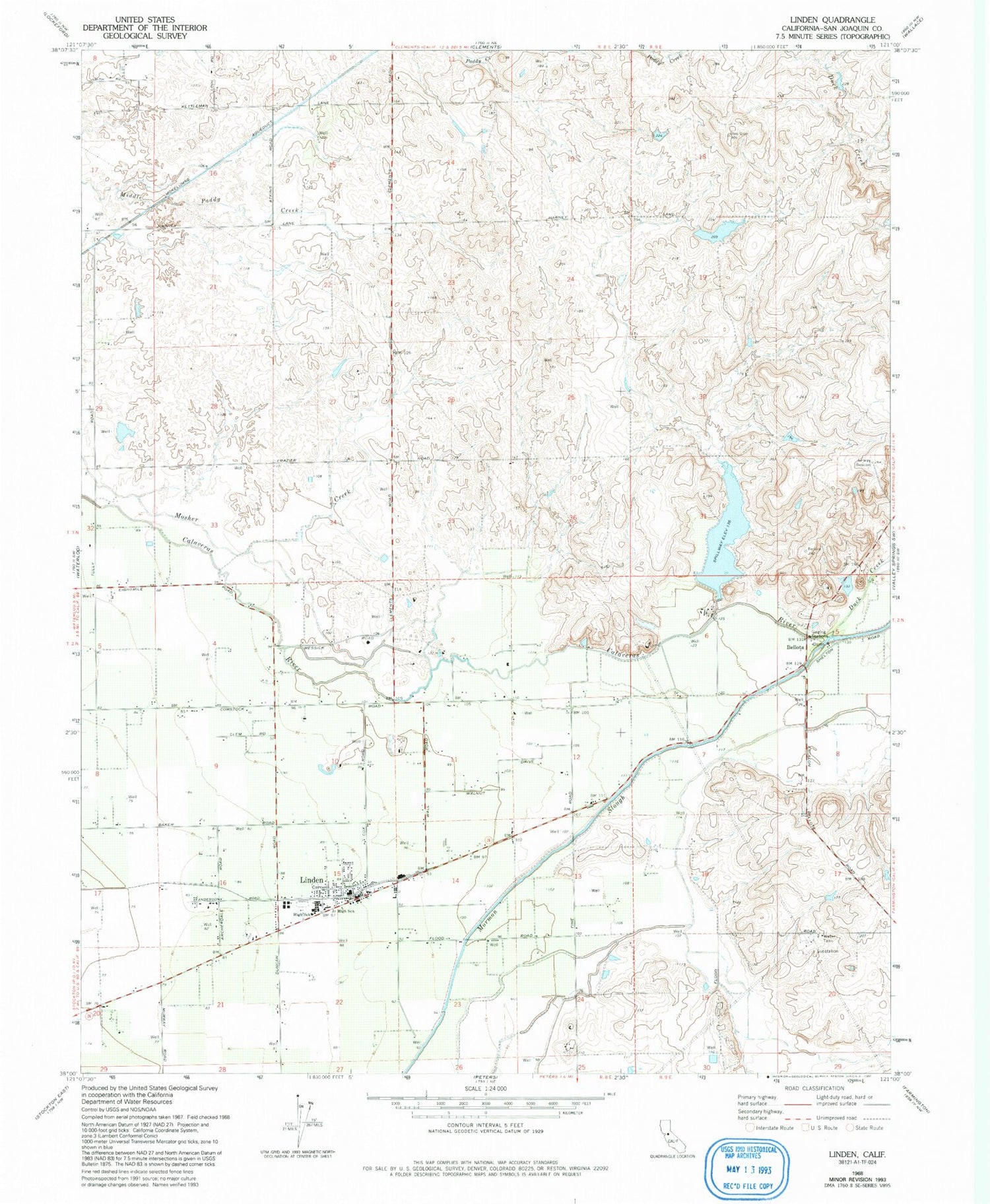 Classic USGS Linden California 7.5'x7.5' Topo Map Image