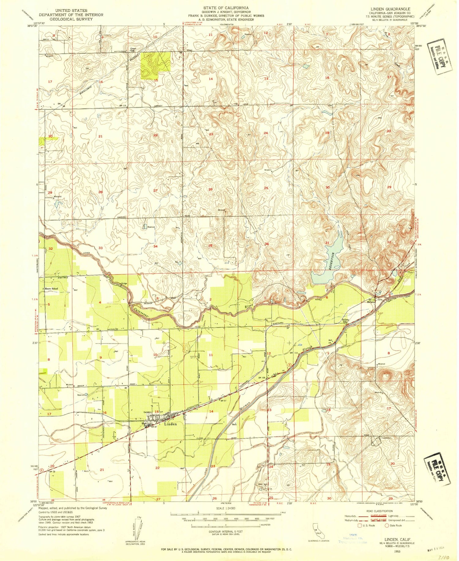 Classic USGS Linden California 7.5'x7.5' Topo Map Image