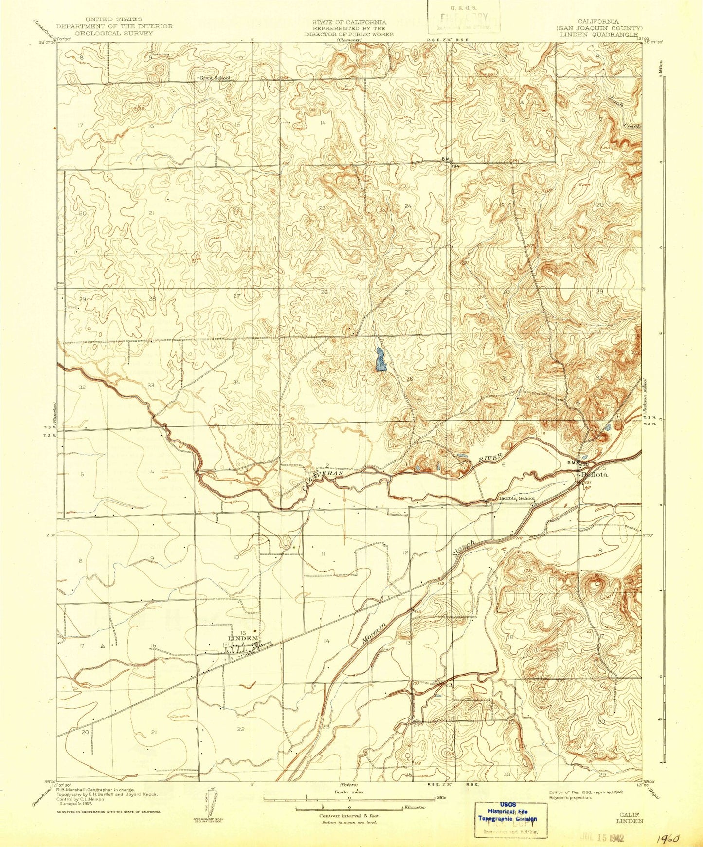 Classic USGS Linden California 7.5'x7.5' Topo Map Image