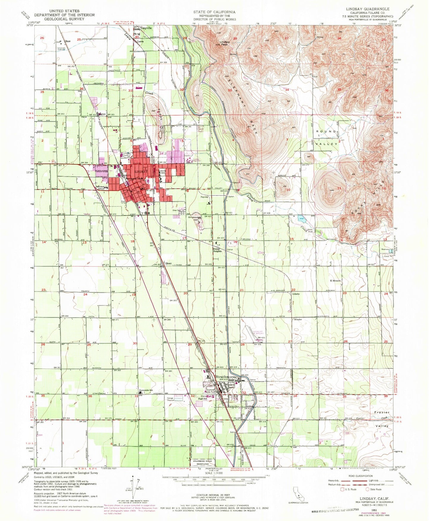 Classic USGS Lindsay California 7.5'x7.5' Topo Map Image