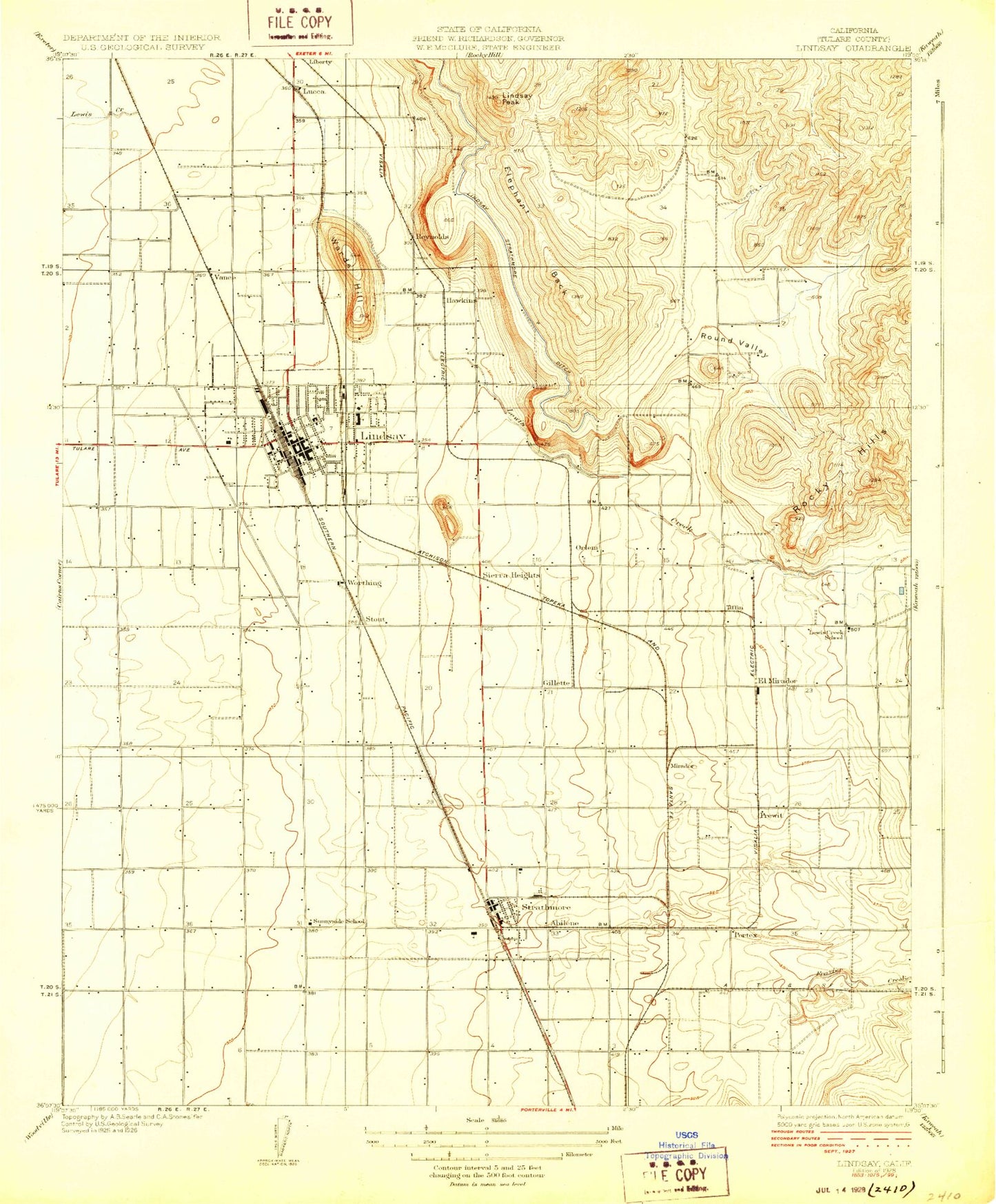 Classic USGS Lindsay California 7.5'x7.5' Topo Map Image