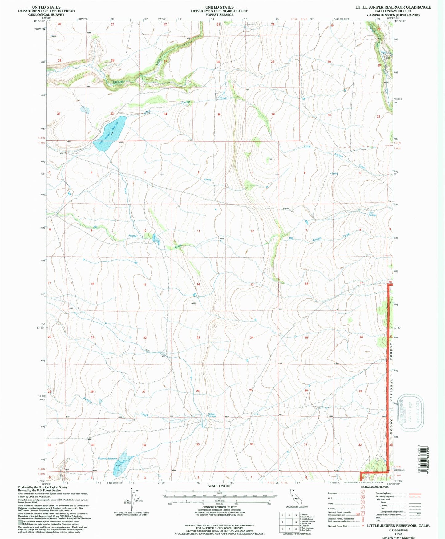 Classic USGS Little Juniper Reservoir California 7.5'x7.5' Topo Map Image