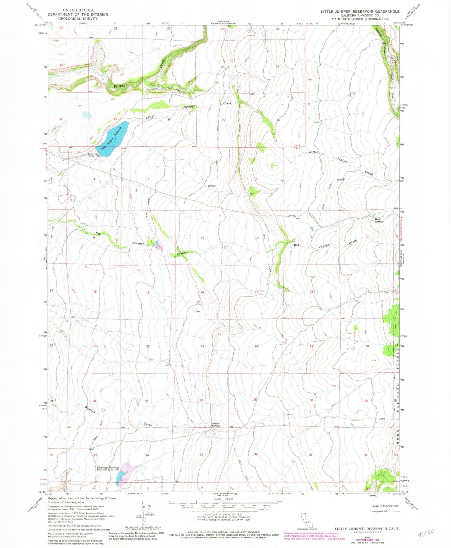 Classic USGS Little Juniper Reservoir California 7.5'x7.5' Topo Map Image