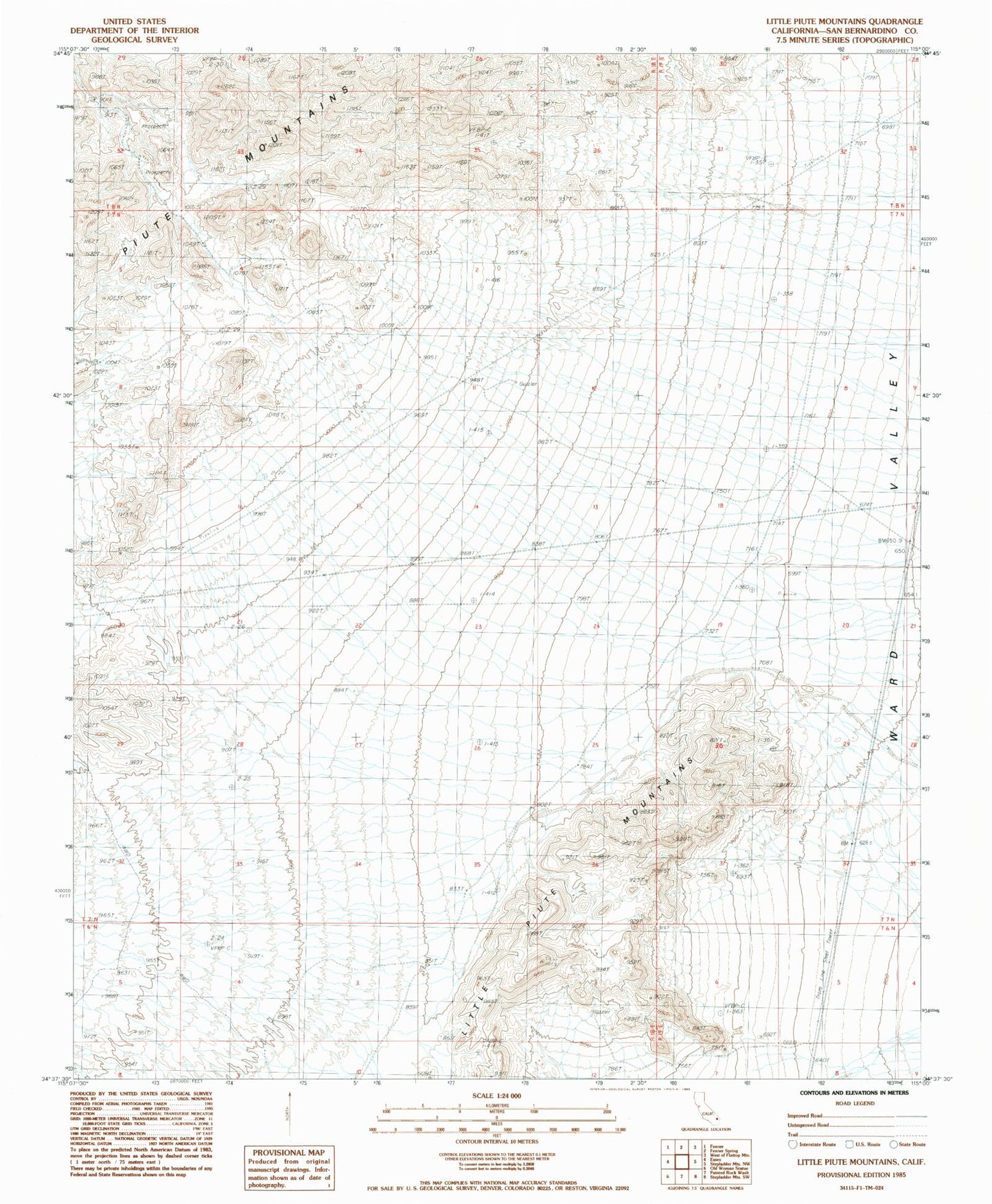 Classic USGS Little Piute Mountains California 7.5'x7.5' Topo Map Image
