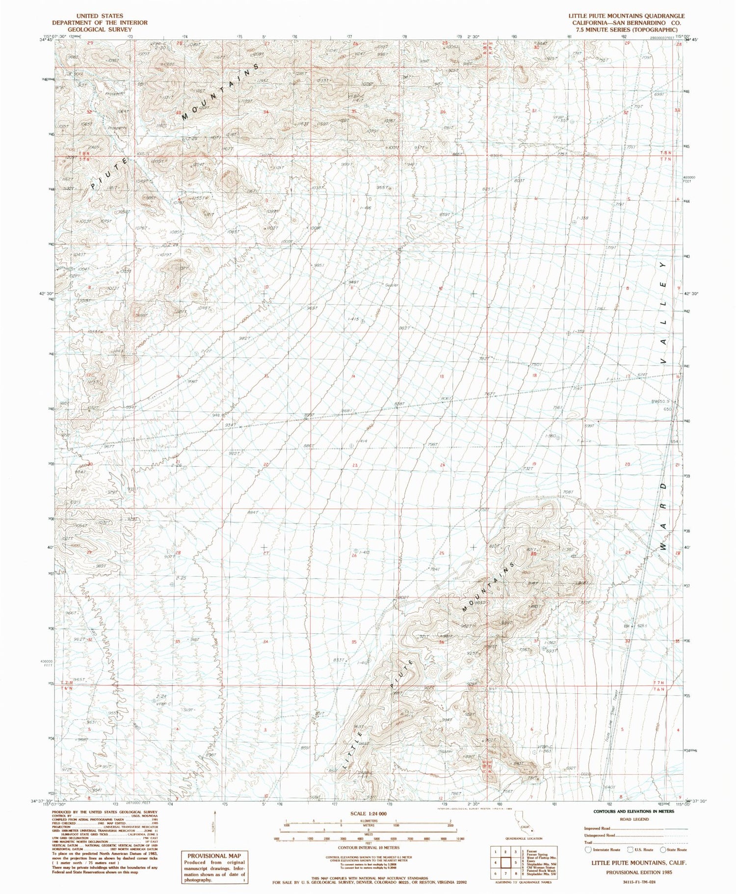 Classic USGS Little Piute Mountains California 7.5'x7.5' Topo Map Image