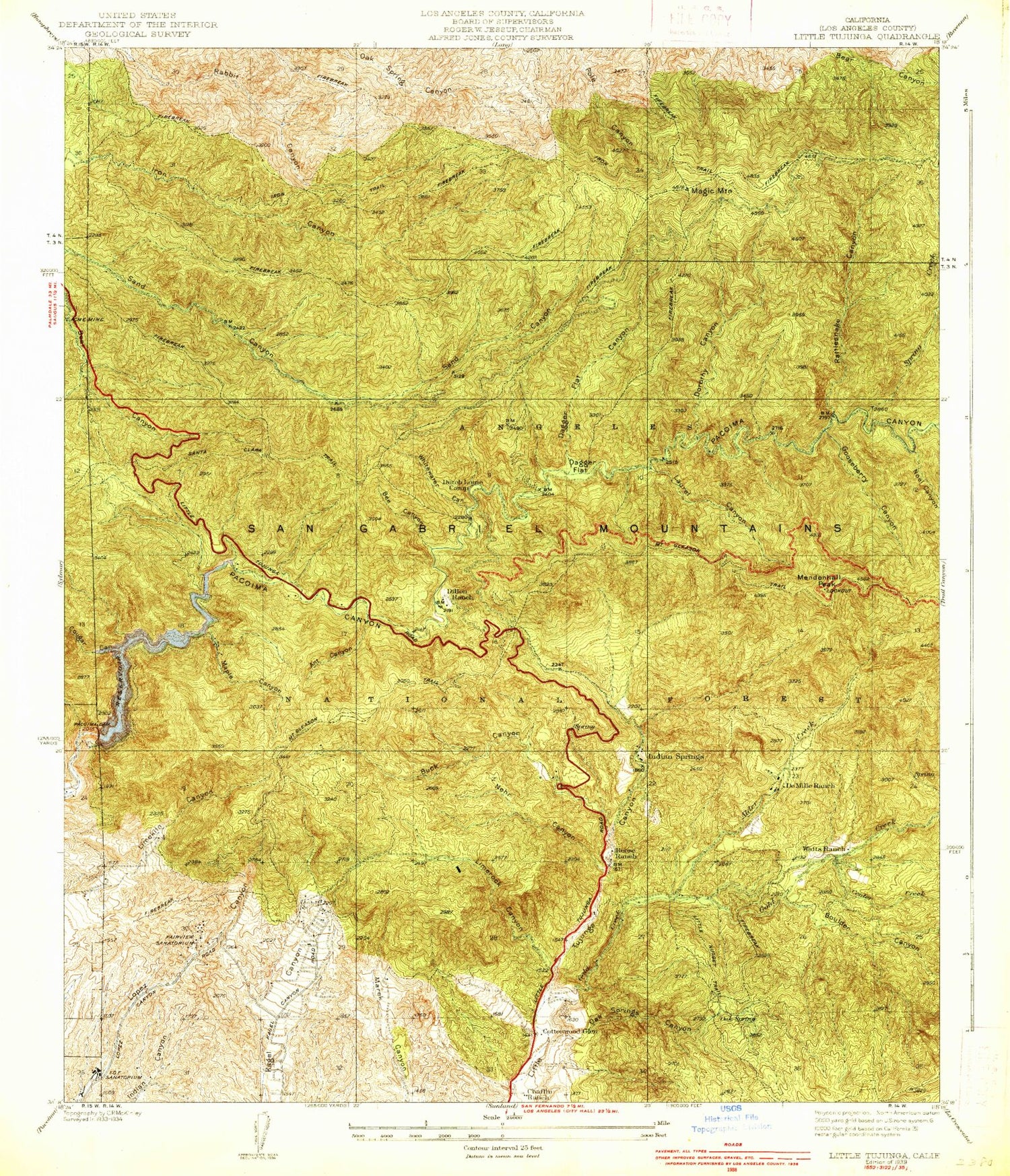 Classic USGS Little Tujunga California 7.5'x7.5' Topo Map Image