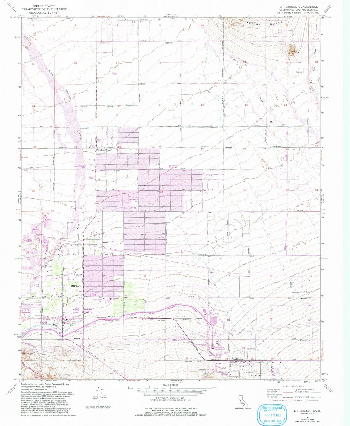Classic USGS Littlerock California 7.5'x7.5' Topo Map Image
