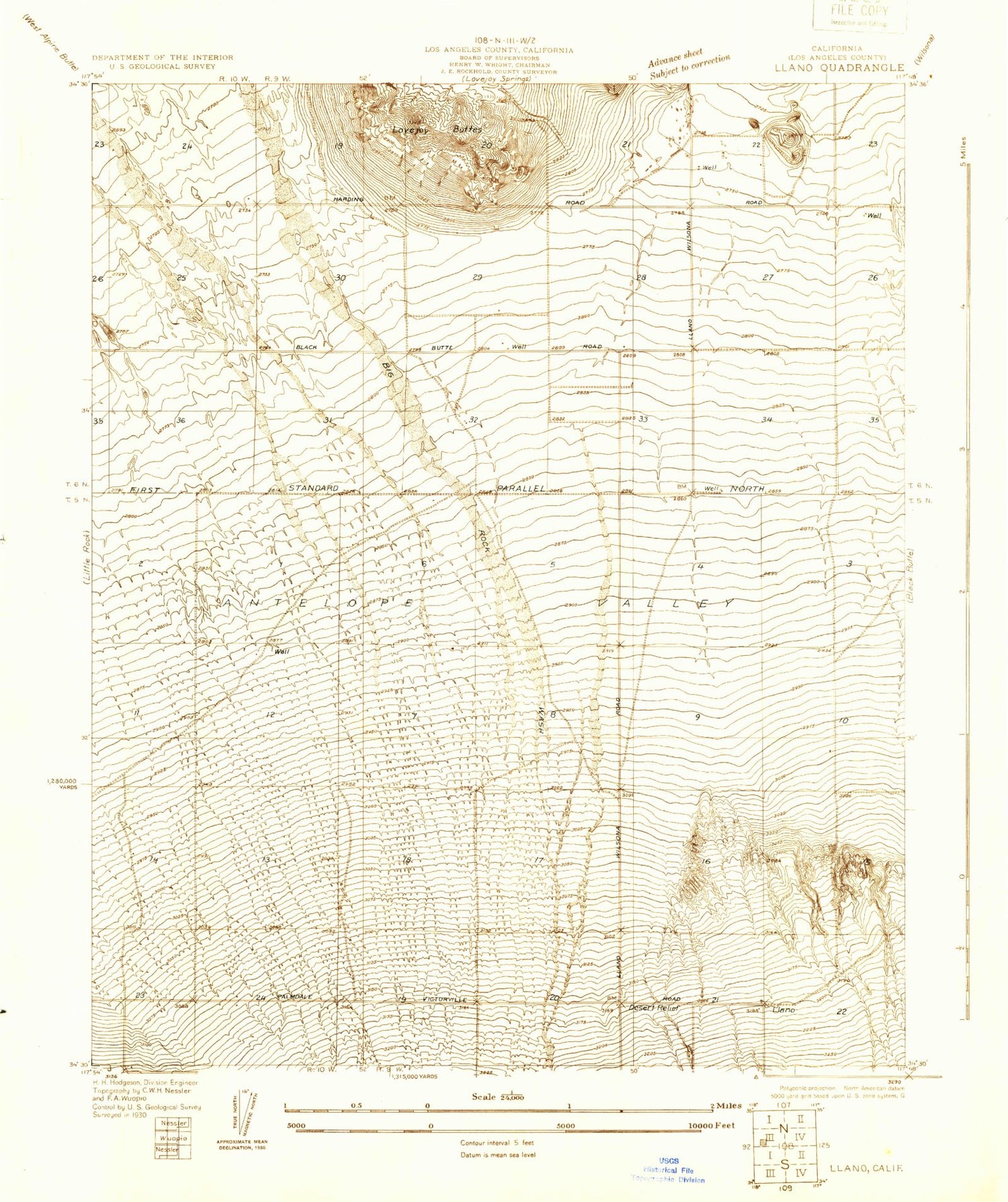 Classic USGS Llano California 7.5'x7.5' Topo Map Image