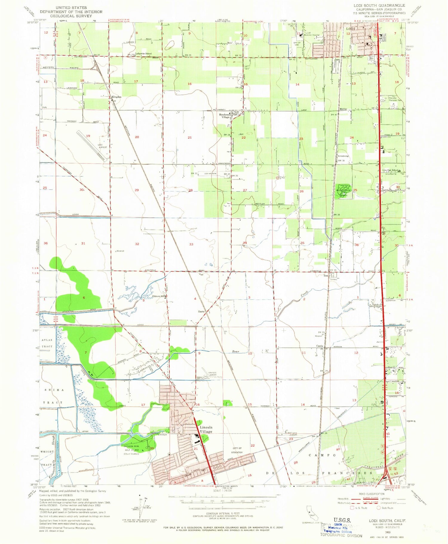 Classic USGS Lodi South California 7.5'x7.5' Topo Map Image