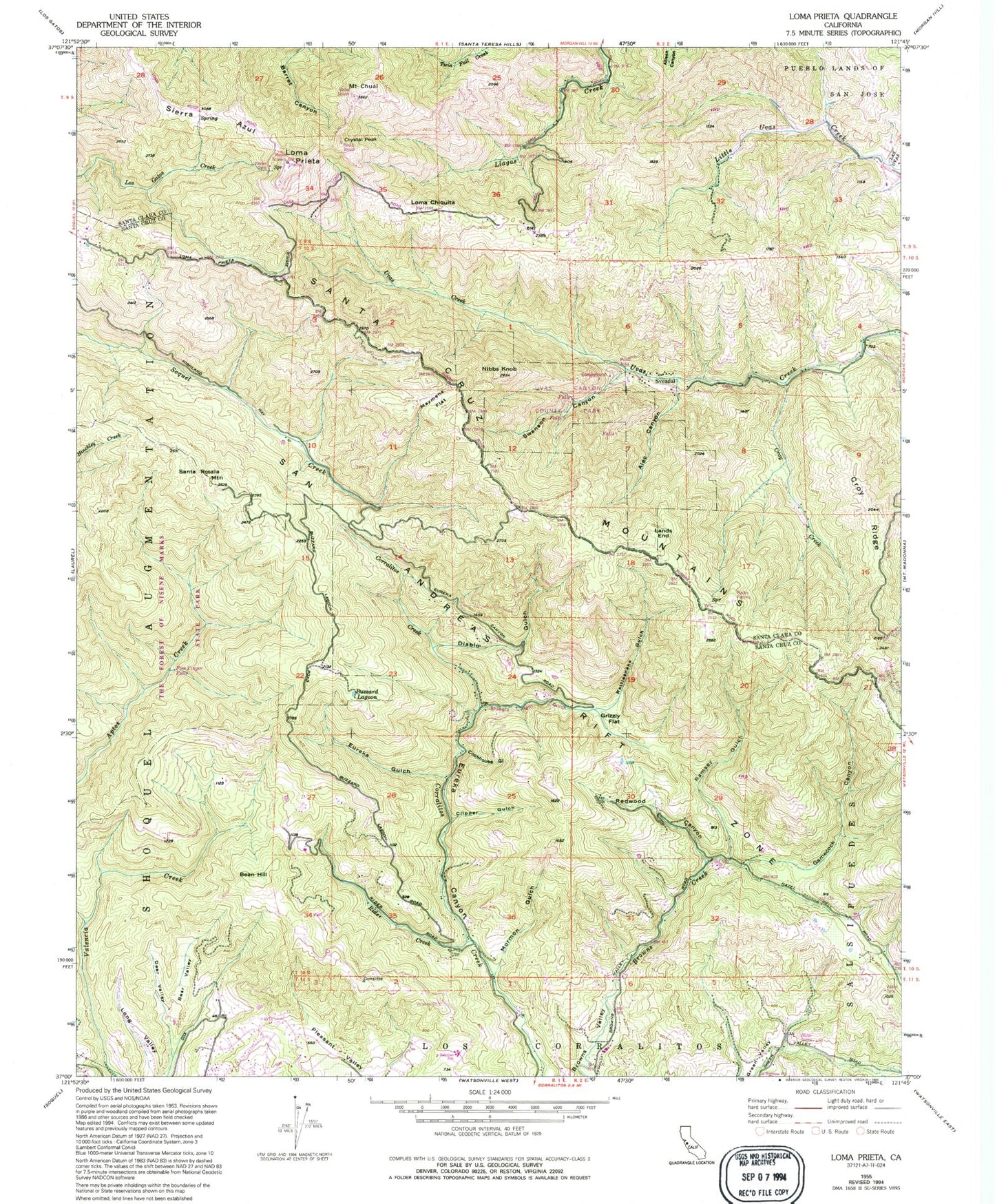 Classic USGS Loma Prieta California 7.5'x7.5' Topo Map Image