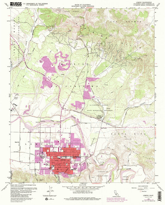 Classic USGS Lompoc California 7.5'x7.5' Topo Map Image
