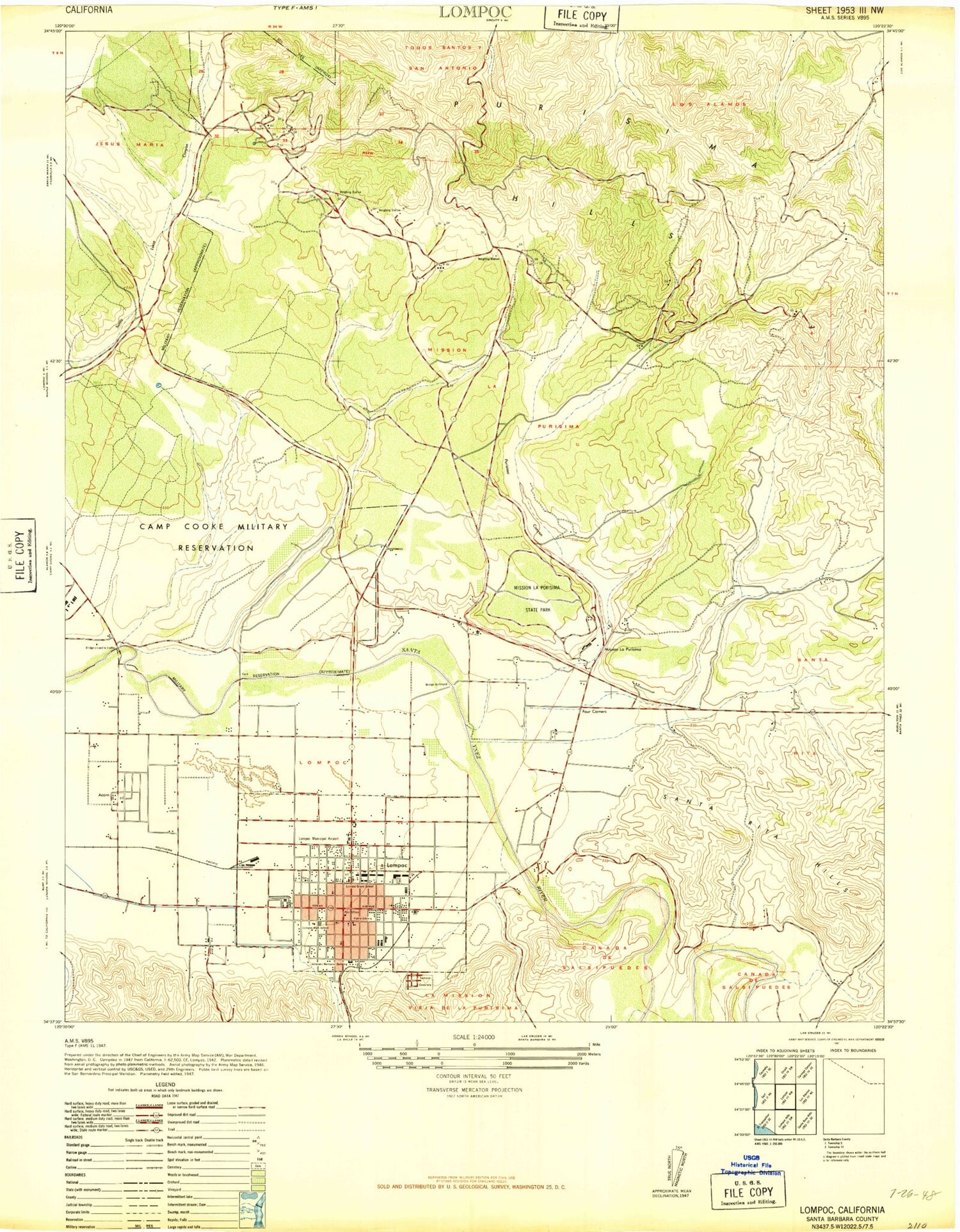 Classic USGS Lompoc California 7.5'x7.5' Topo Map Image