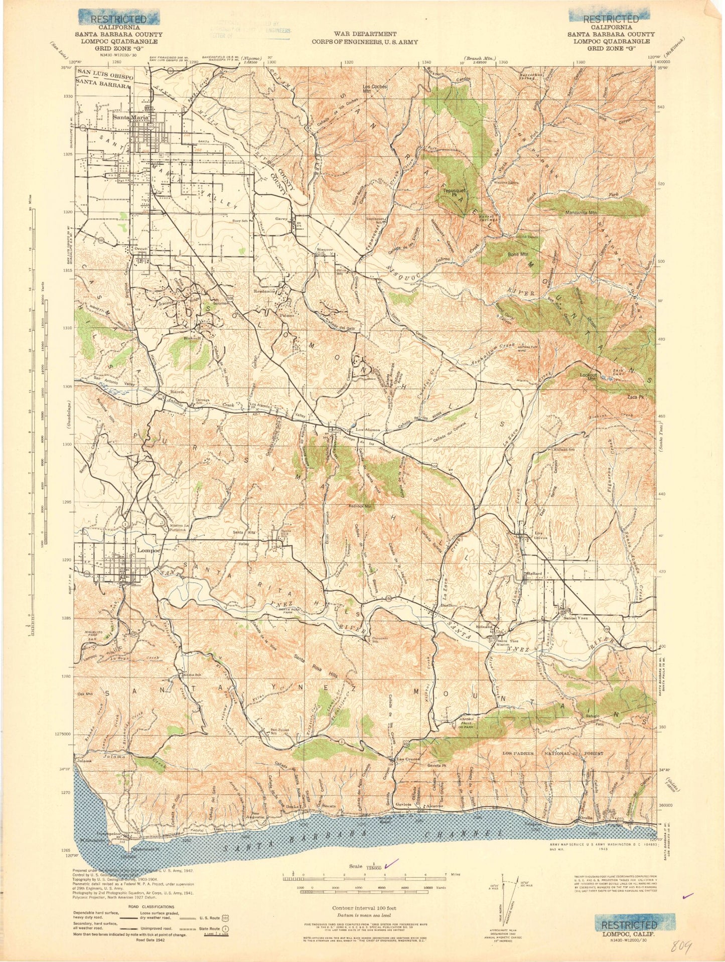 Historic 1943 Lompoc California 30'x30' Topo Map Image