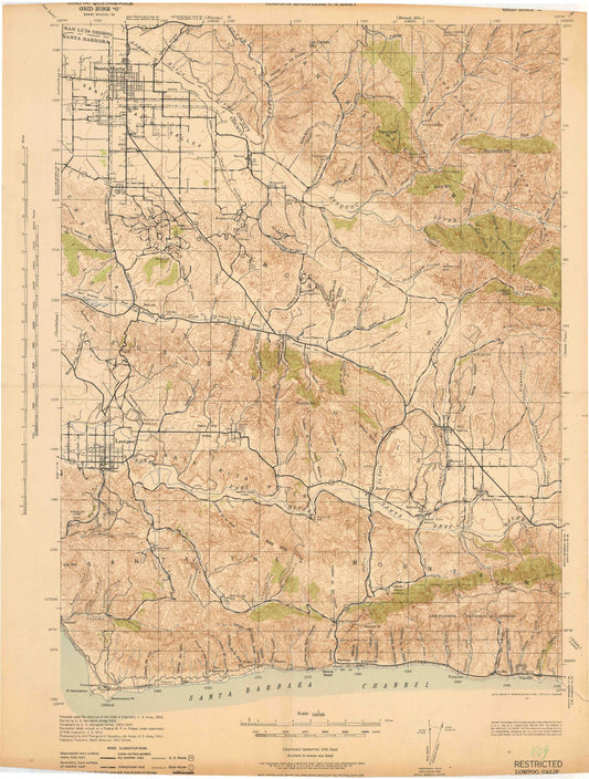 Historic 1942 Lompoc California 30'x30' Topo Map Image