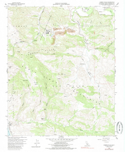 Classic USGS Lompoc Hills California 7.5'x7.5' Topo Map Image