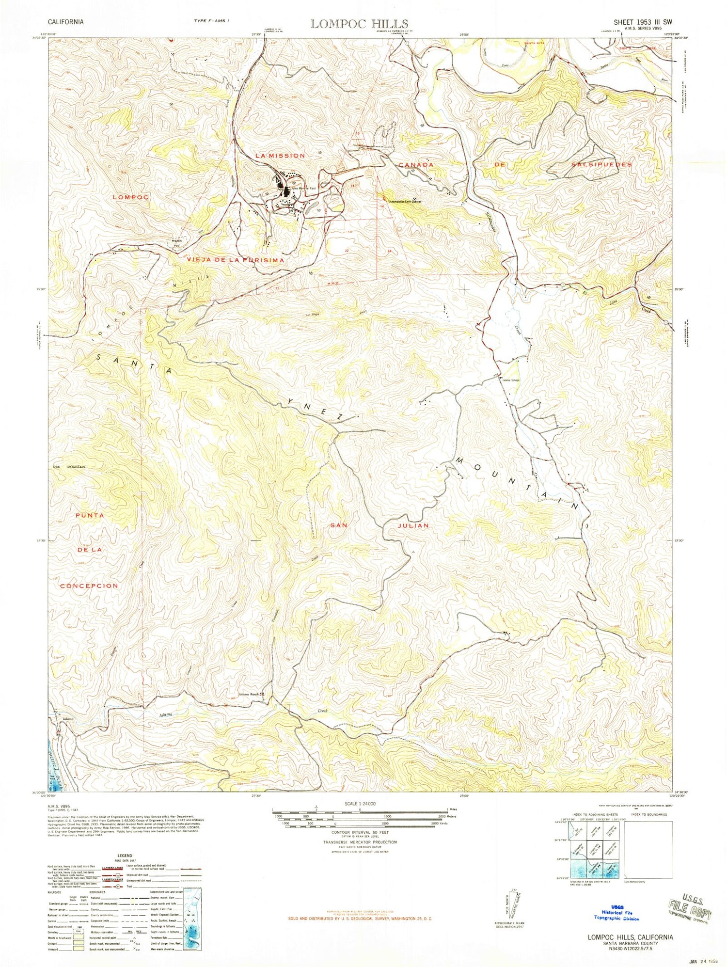 Classic USGS Lompoc Hills California 7.5'x7.5' Topo Map Image