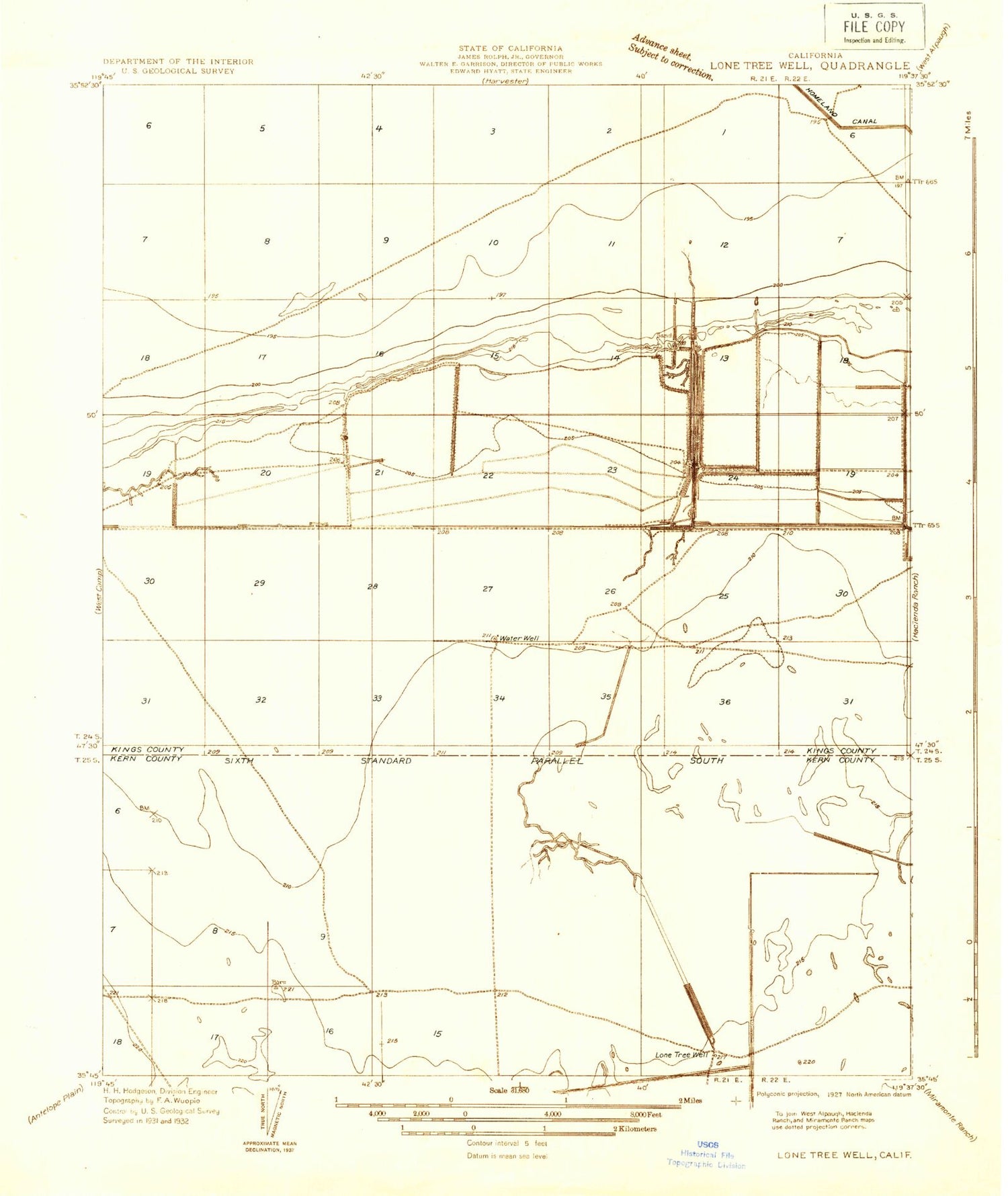 Classic USGS Lone Tree Well California 7.5'x7.5' Topo Map Image