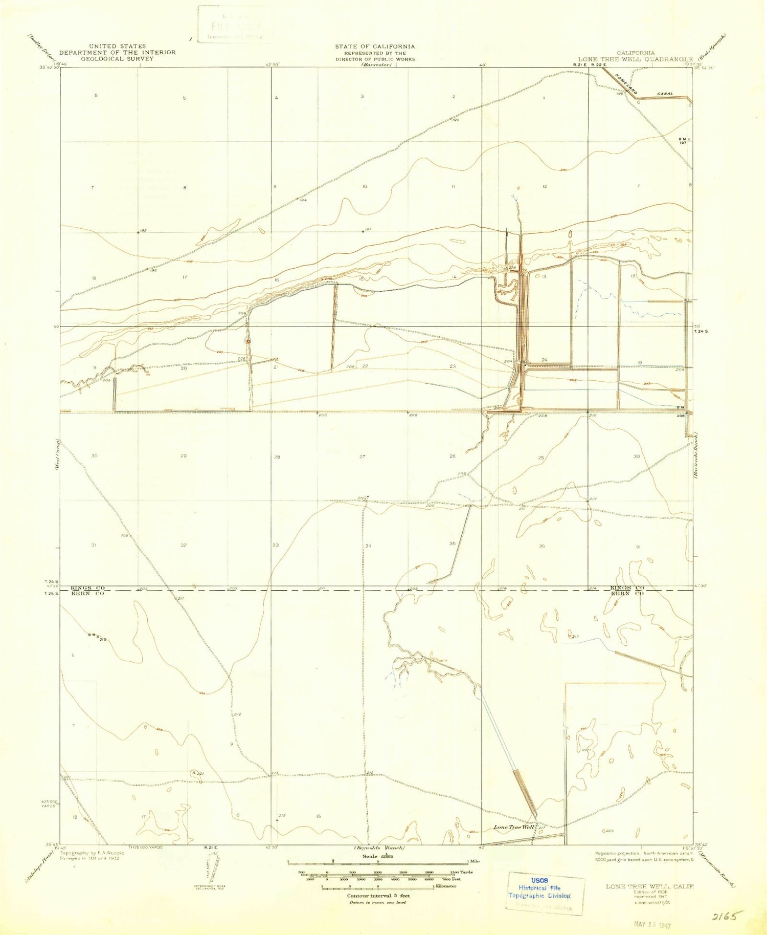 Classic USGS Lone Tree Well California 7.5'x7.5' Topo Map Image