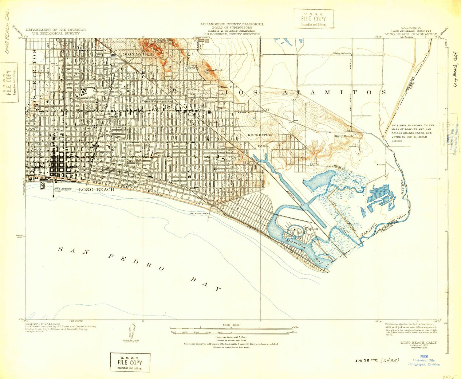 Classic USGS Long Beach California 7.5'x7.5' Topo Map Image