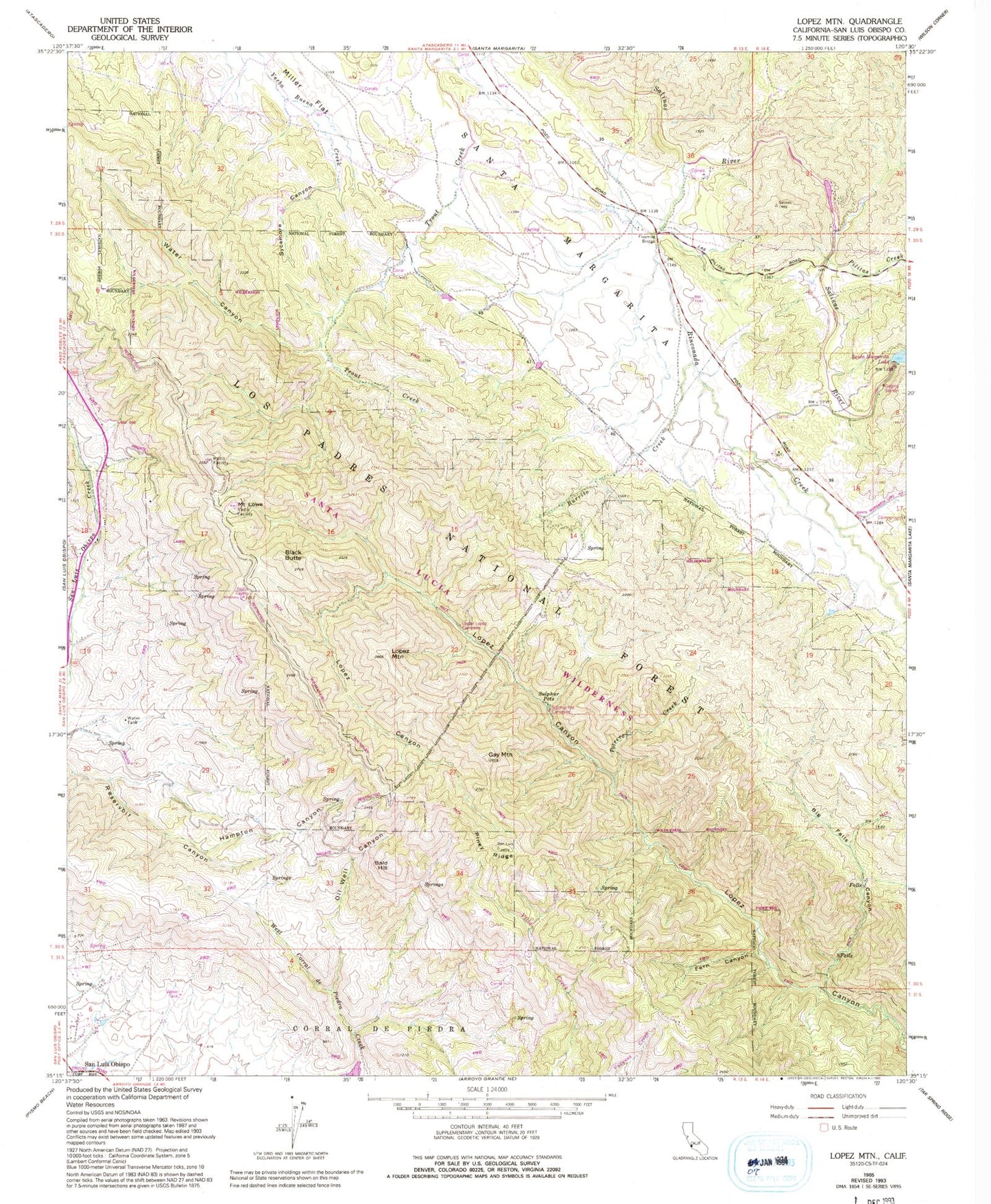 Classic USGS Lopez Mountain California 7.5'x7.5' Topo Map Image