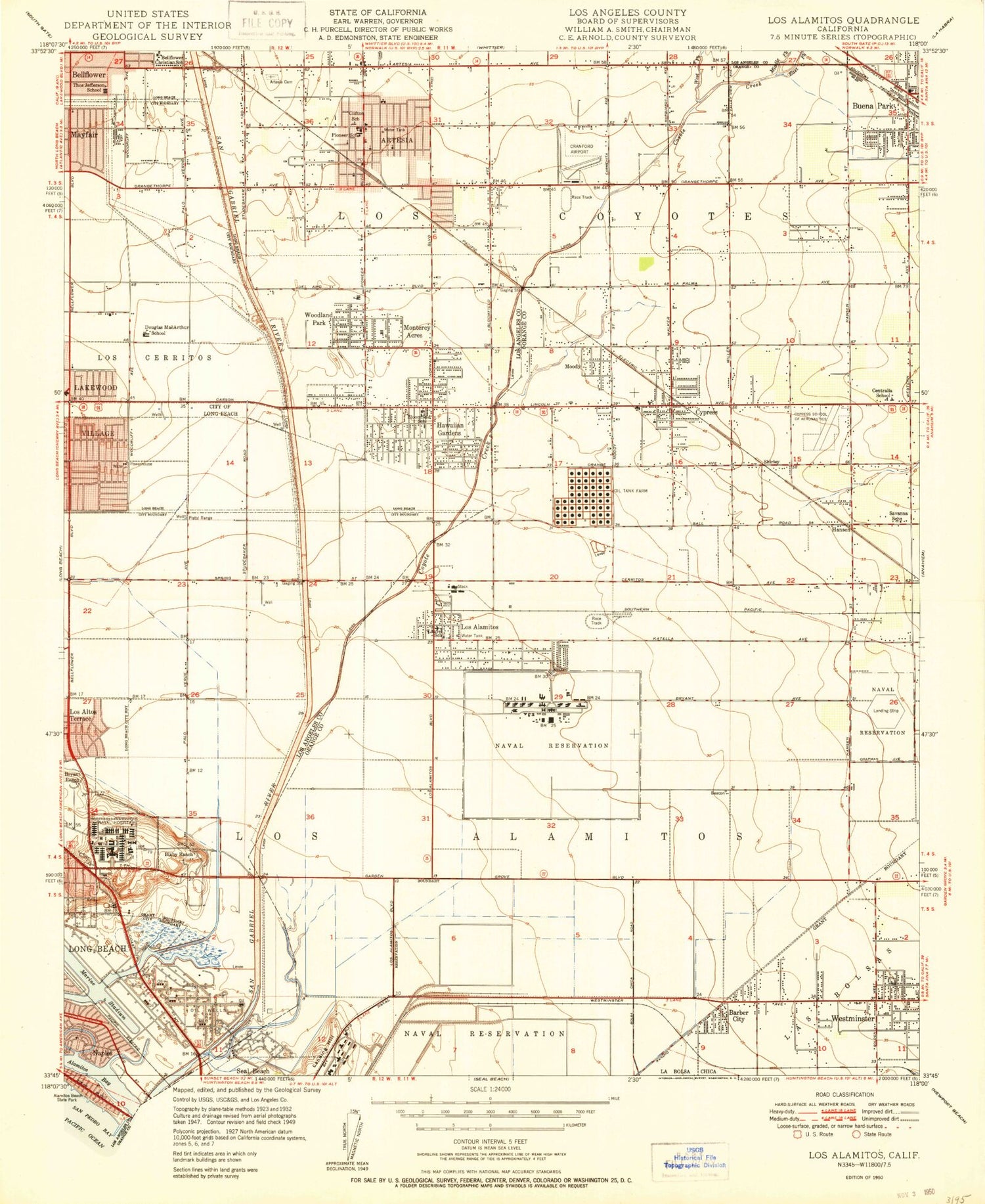 Classic USGS Los Alamitos California 7.5'x7.5' Topo Map Image