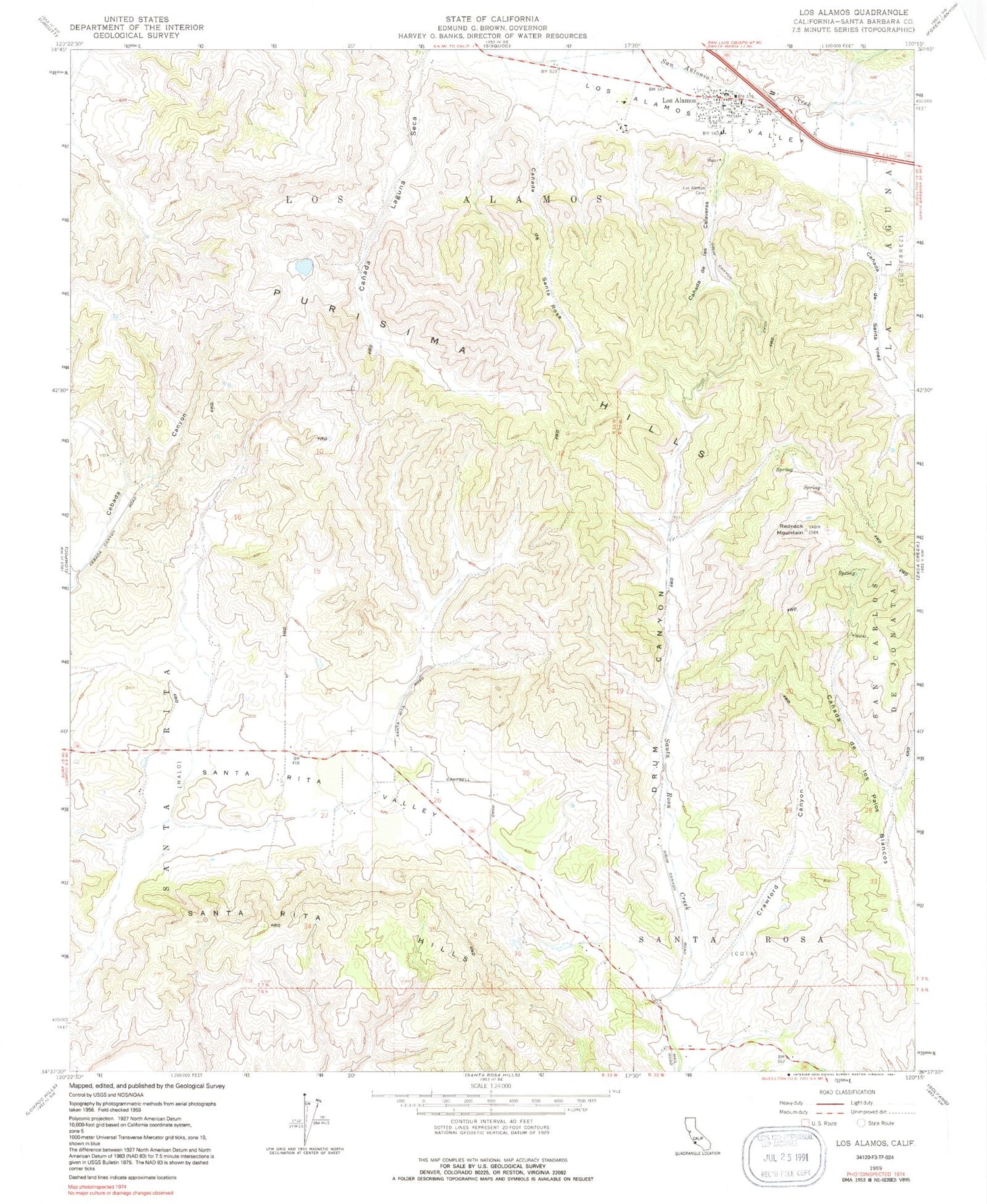 Classic USGS Los Alamos California 7.5'x7.5' Topo Map Image