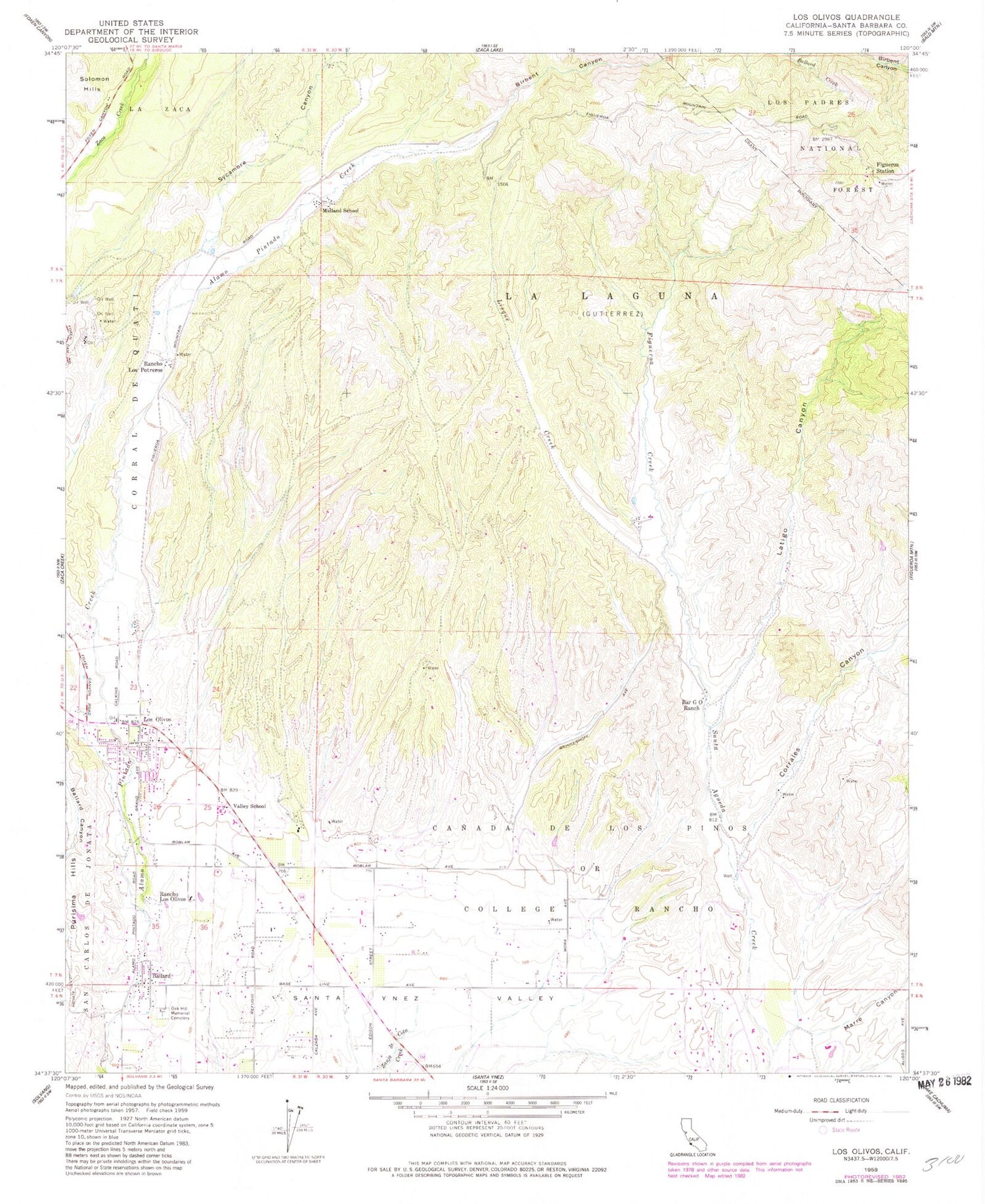 Classic USGS Los Olivos California 7.5'x7.5' Topo Map Image
