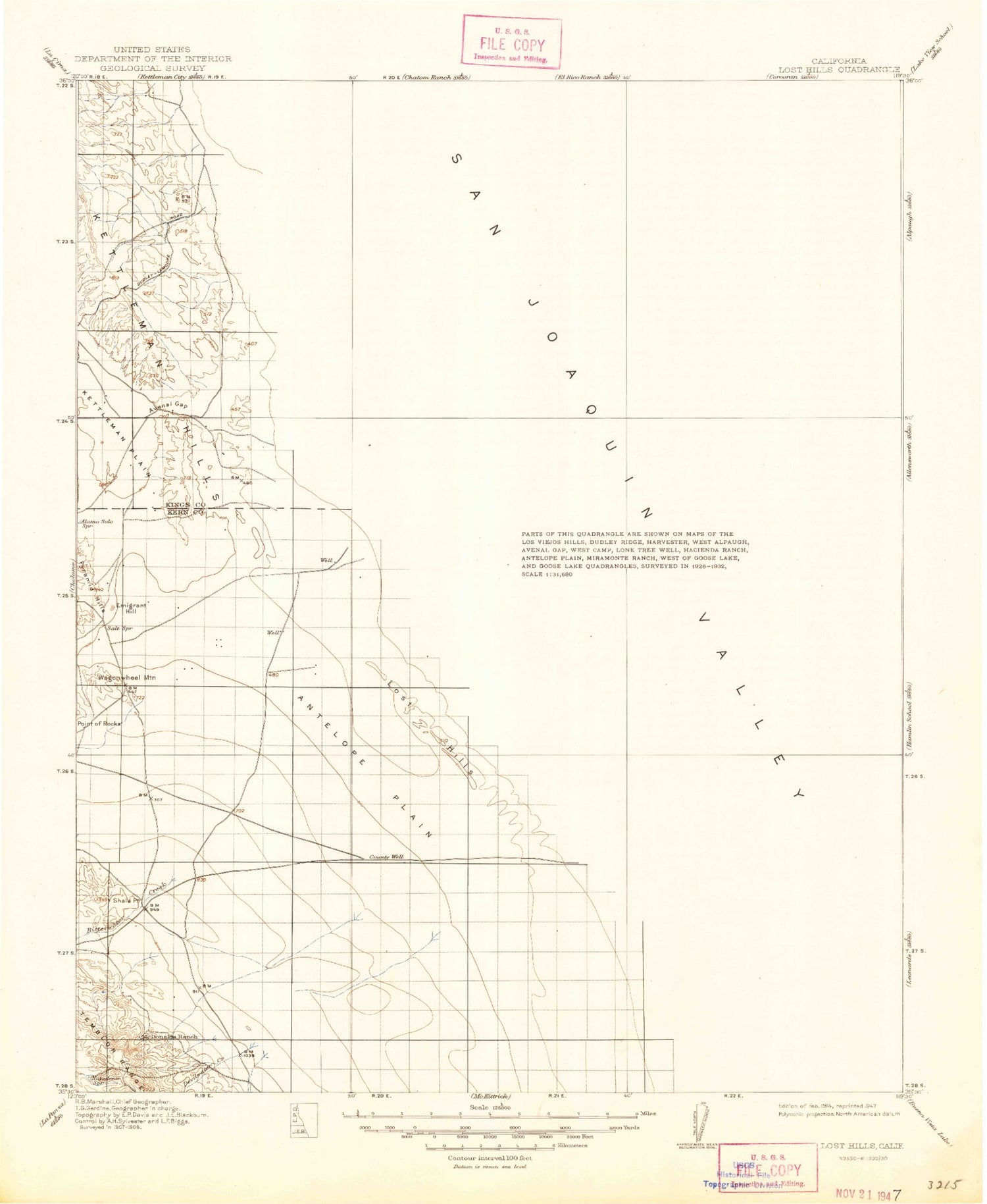 Historic 1914 Lost Hills California 30'x30' Topo Map Image