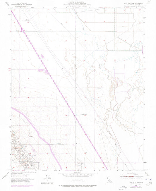 Classic USGS Lost Hills NW California 7.5'x7.5' Topo Map Image