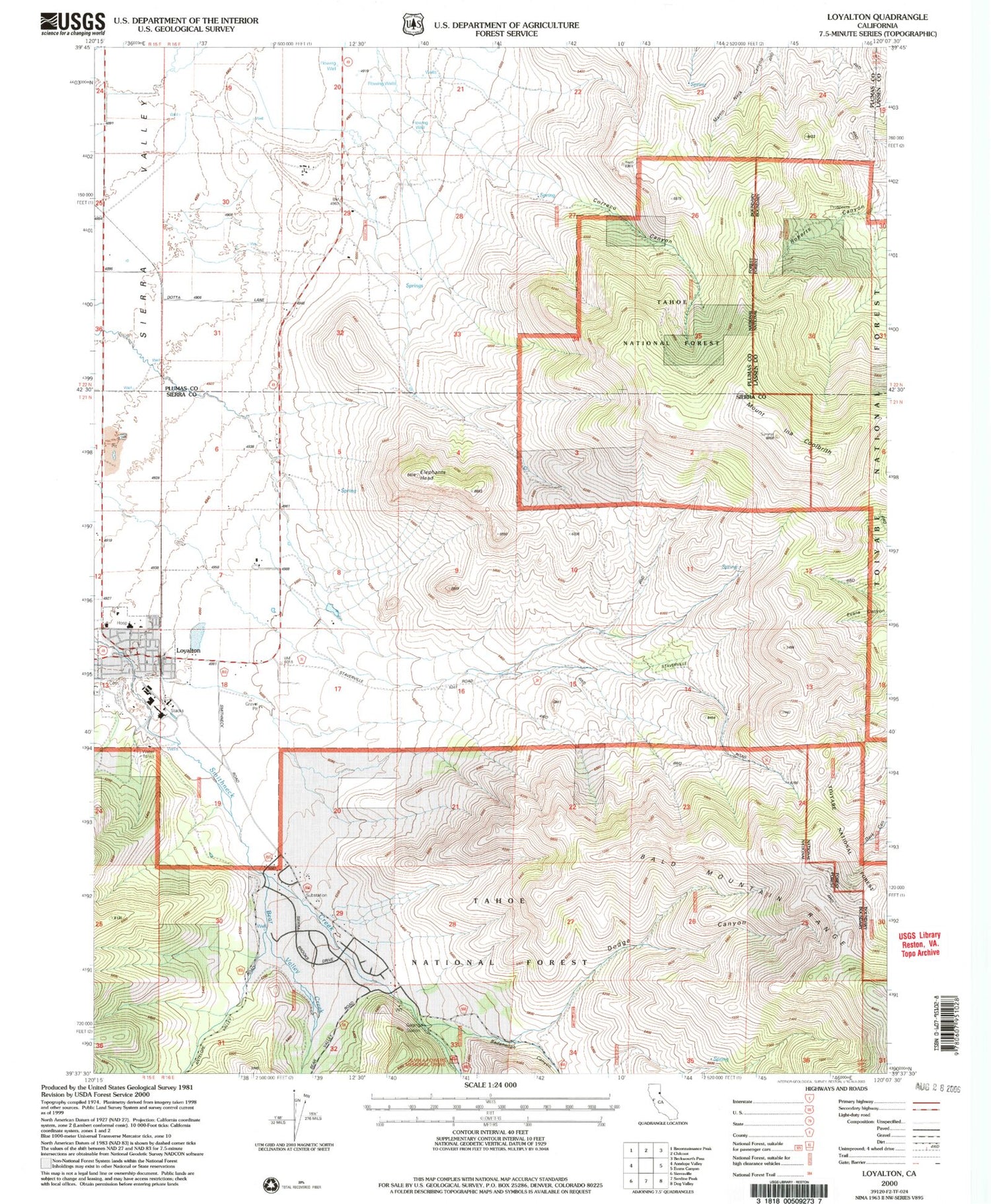 Classic USGS Loyalton California 7.5'x7.5' Topo Map Image