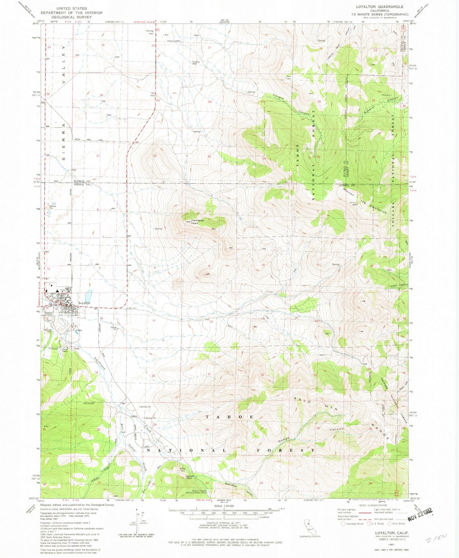Classic USGS Loyalton California 7.5'x7.5' Topo Map Image