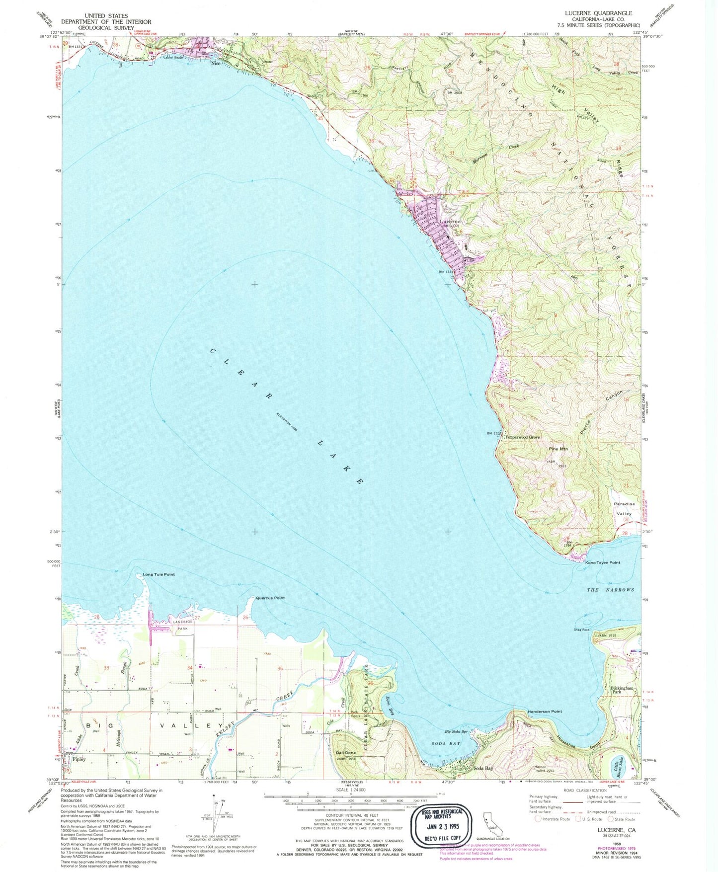 Classic USGS Lucerne California 7.5'x7.5' Topo Map Image