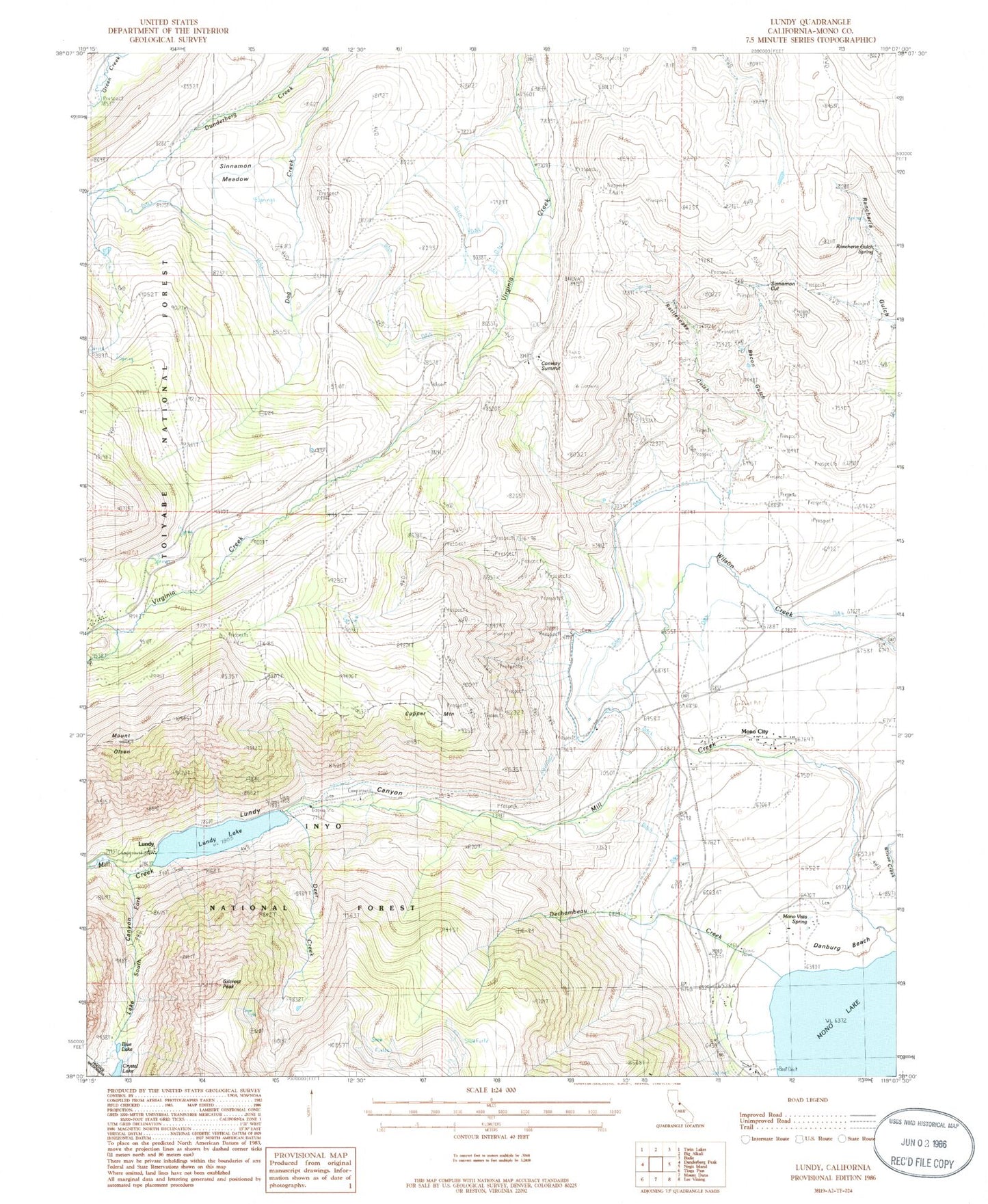 Classic USGS Lundy California 7.5'x7.5' Topo Map Image