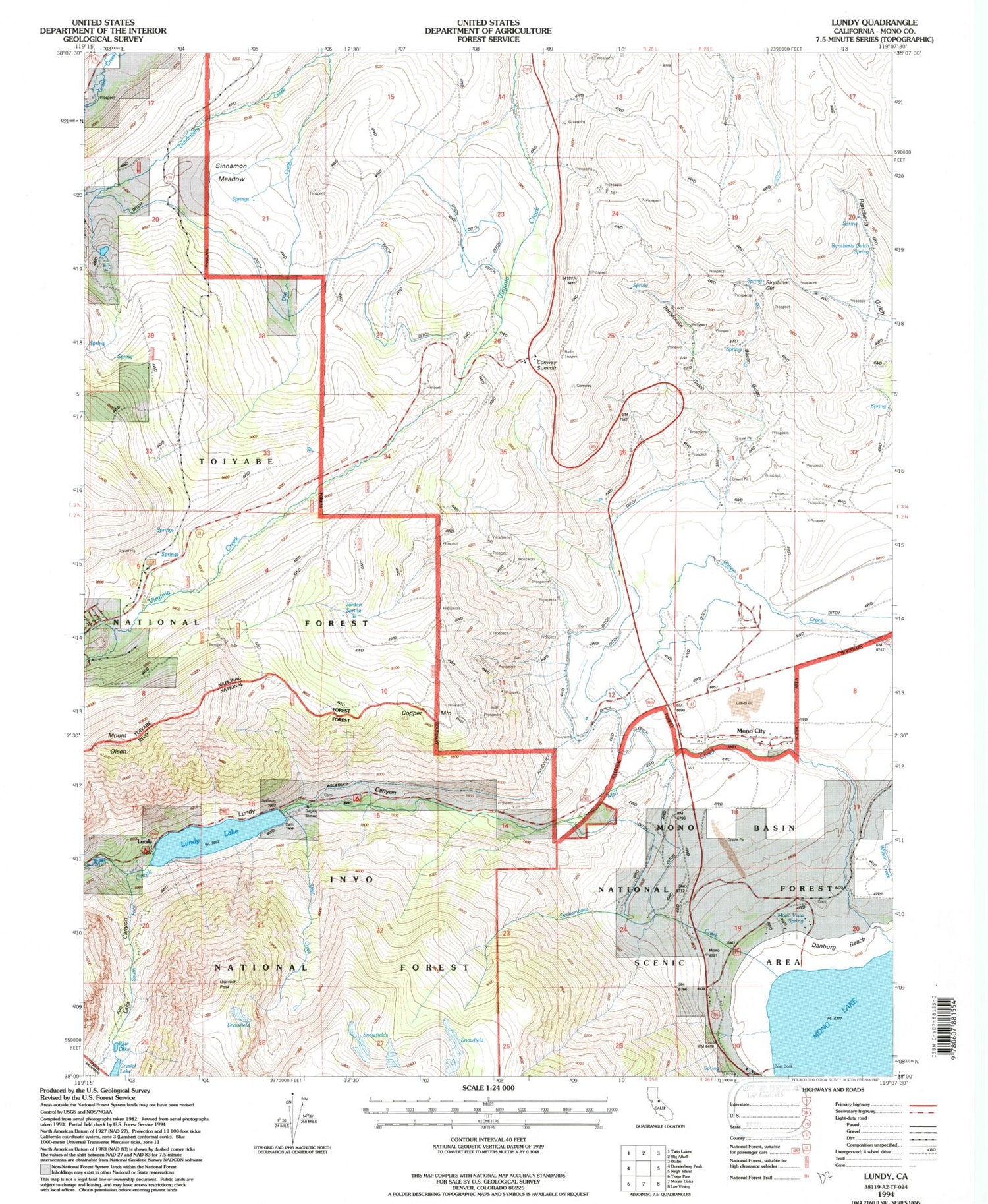 Classic USGS Lundy California 7.5'x7.5' Topo Map Image