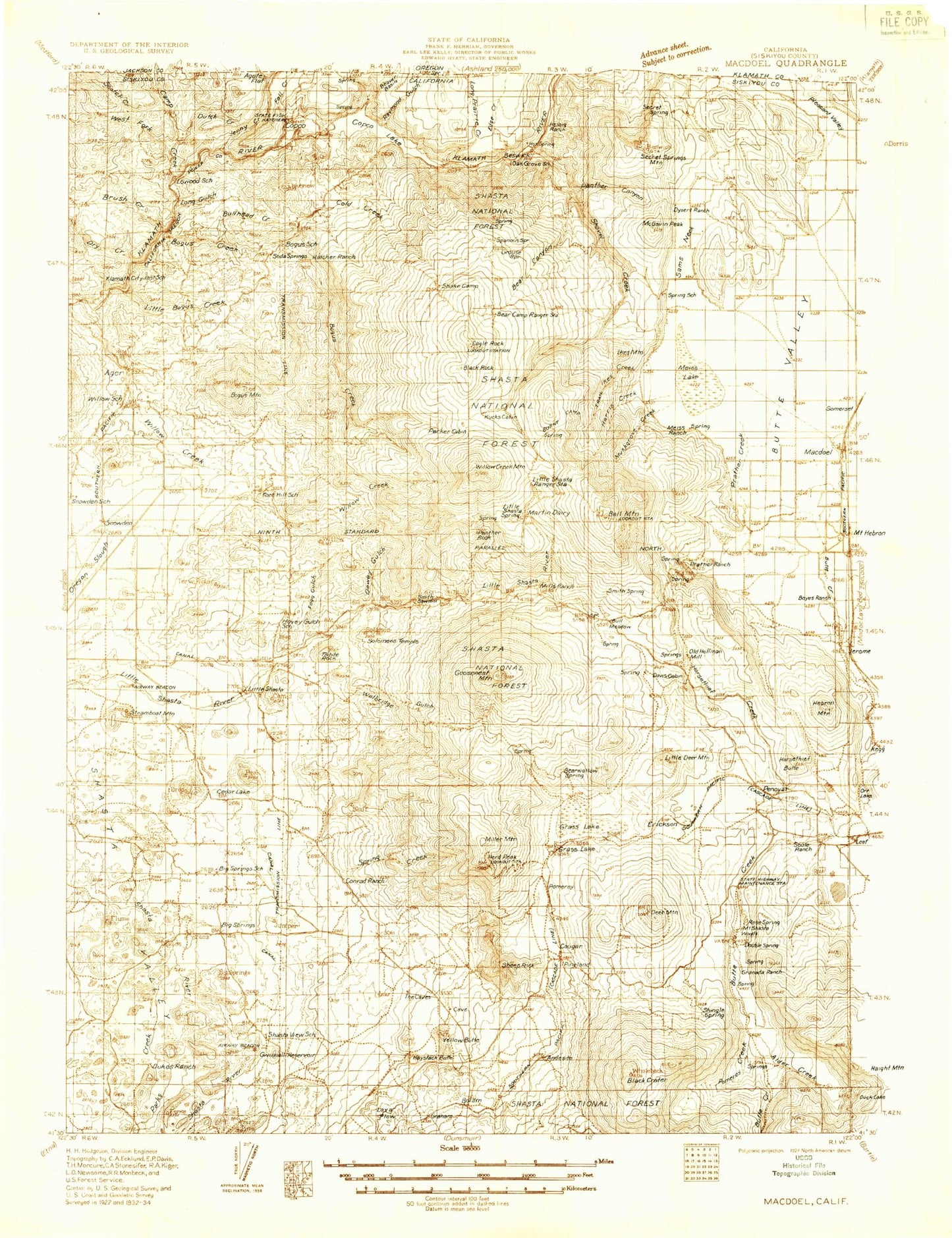 Historic 1934 MacDoel California 30'x30' Topo Map Image