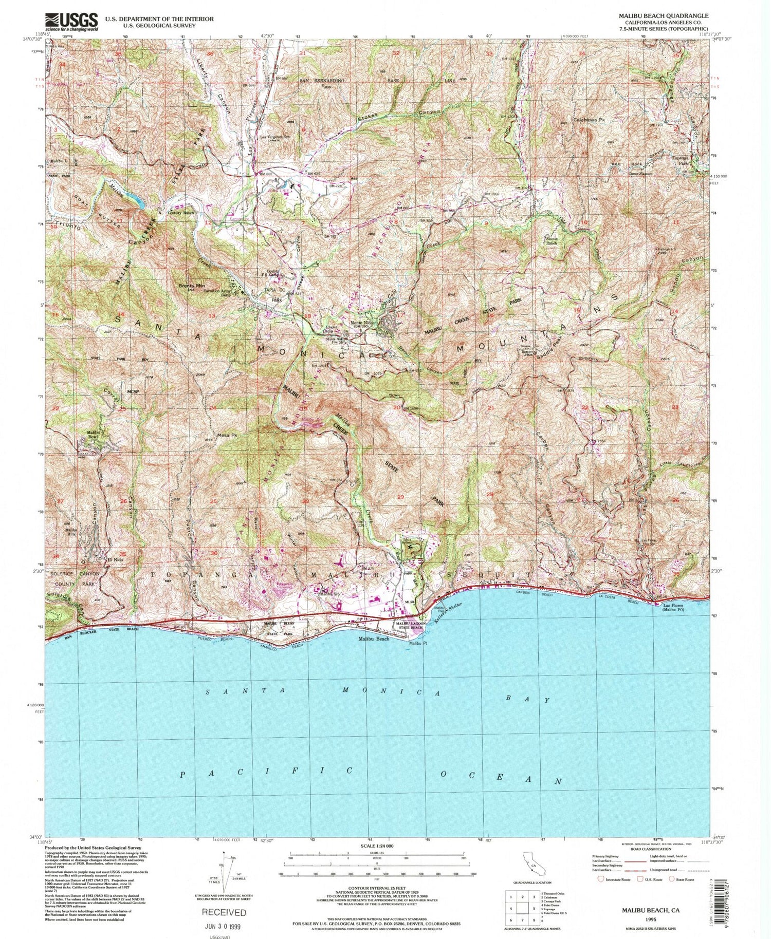 Classic USGS Malibu Beach California 7.5'x7.5' Topo Map Image