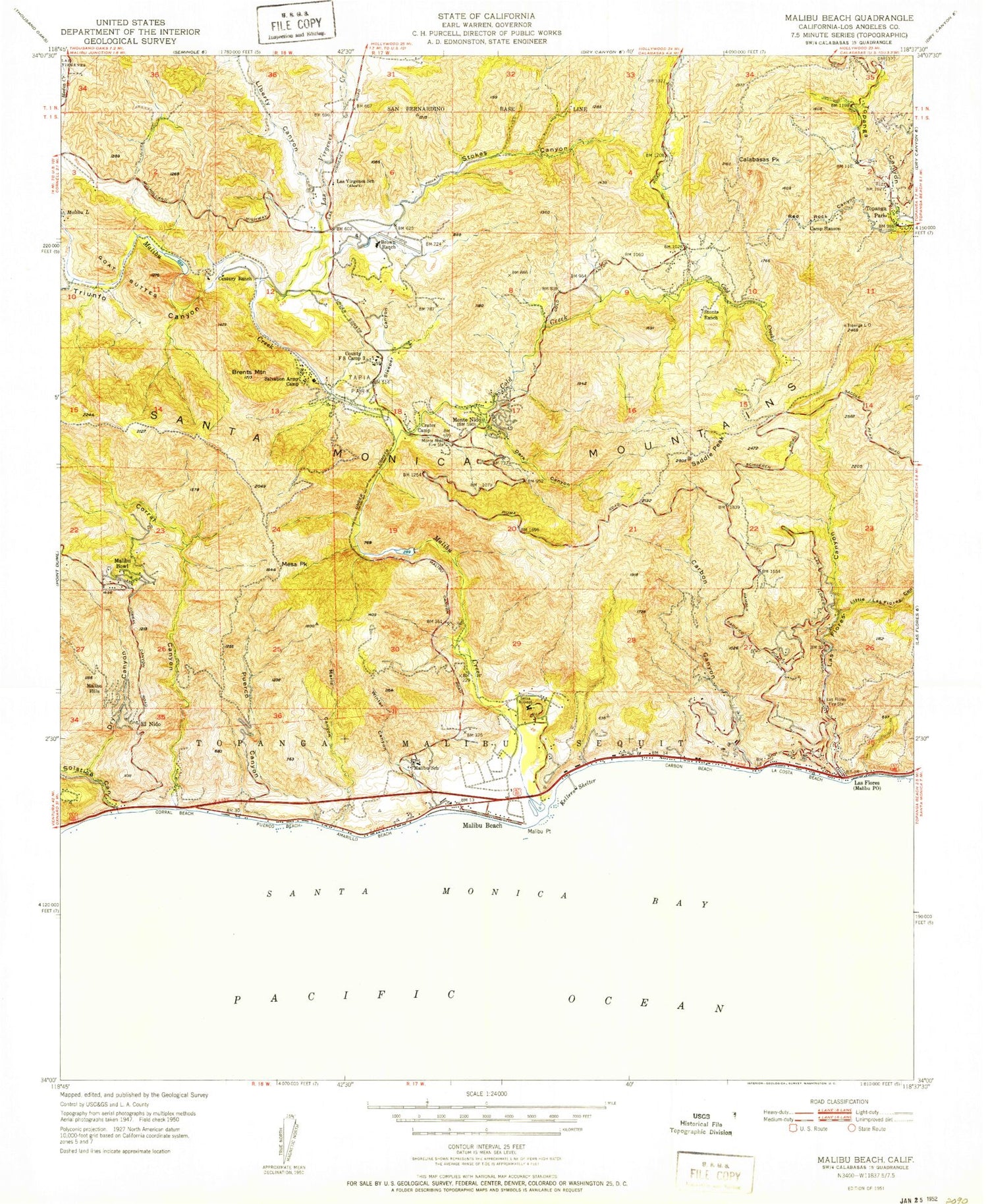 Classic USGS Malibu Beach California 7.5'x7.5' Topo Map Image