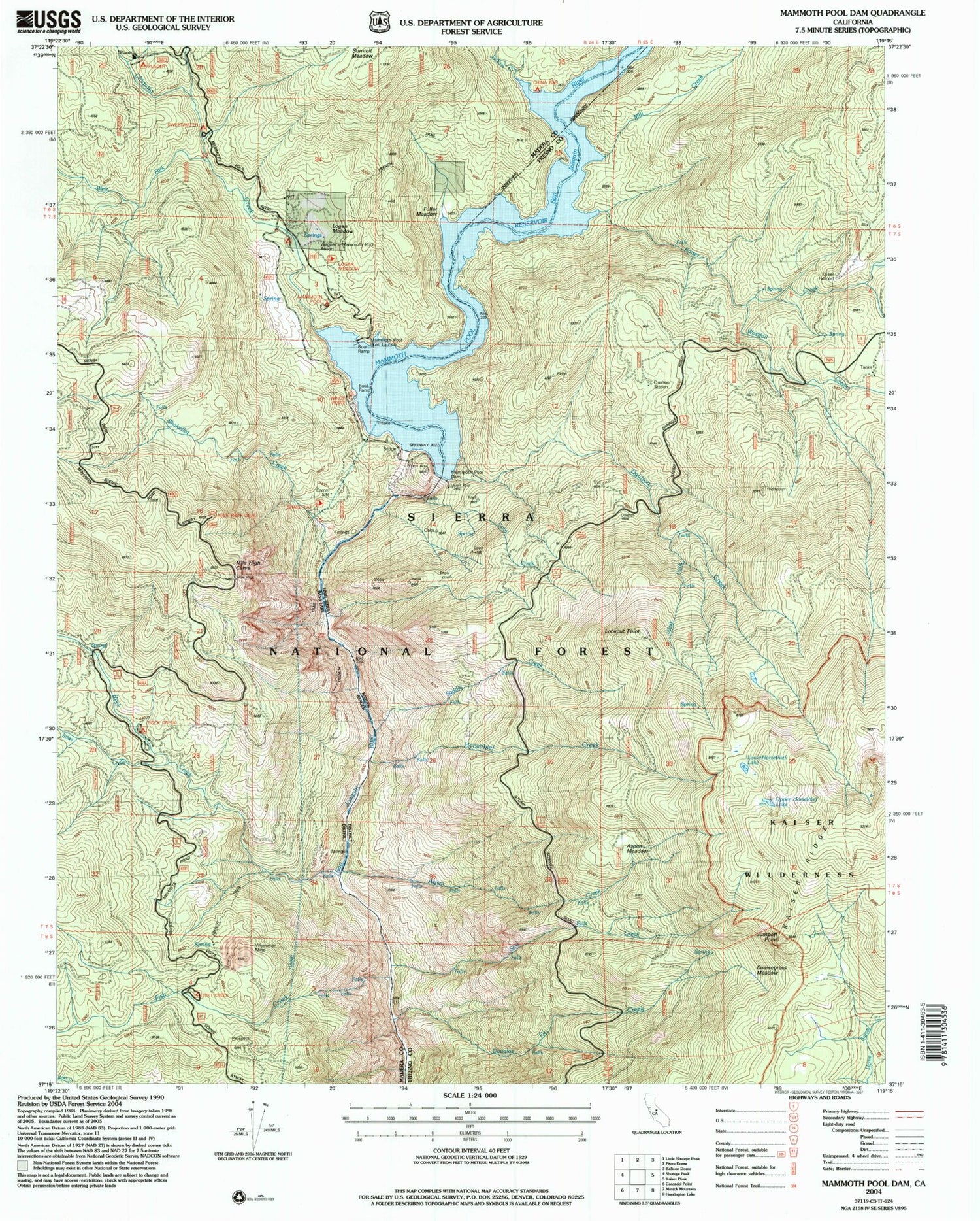Classic USGS Mammoth Pool Dam California 7.5'x7.5' Topo Map Image