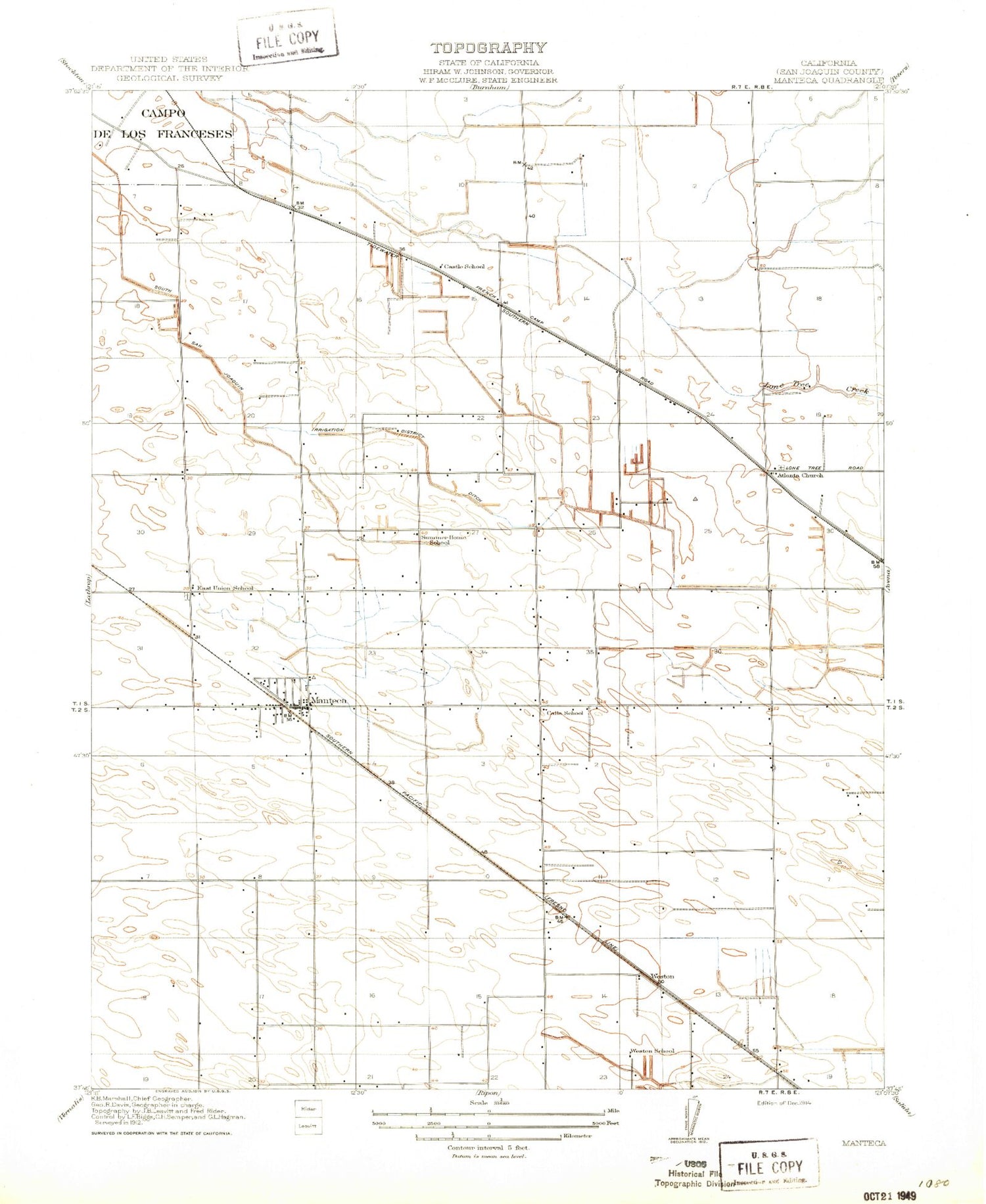 Classic USGS Manteca California 7.5'x7.5' Topo Map Image